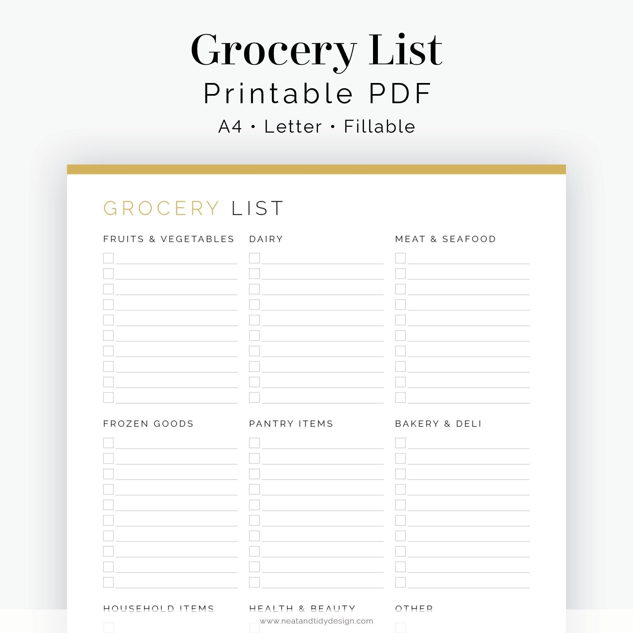 Grocery List With Categories Printable PDF Meal Planner 