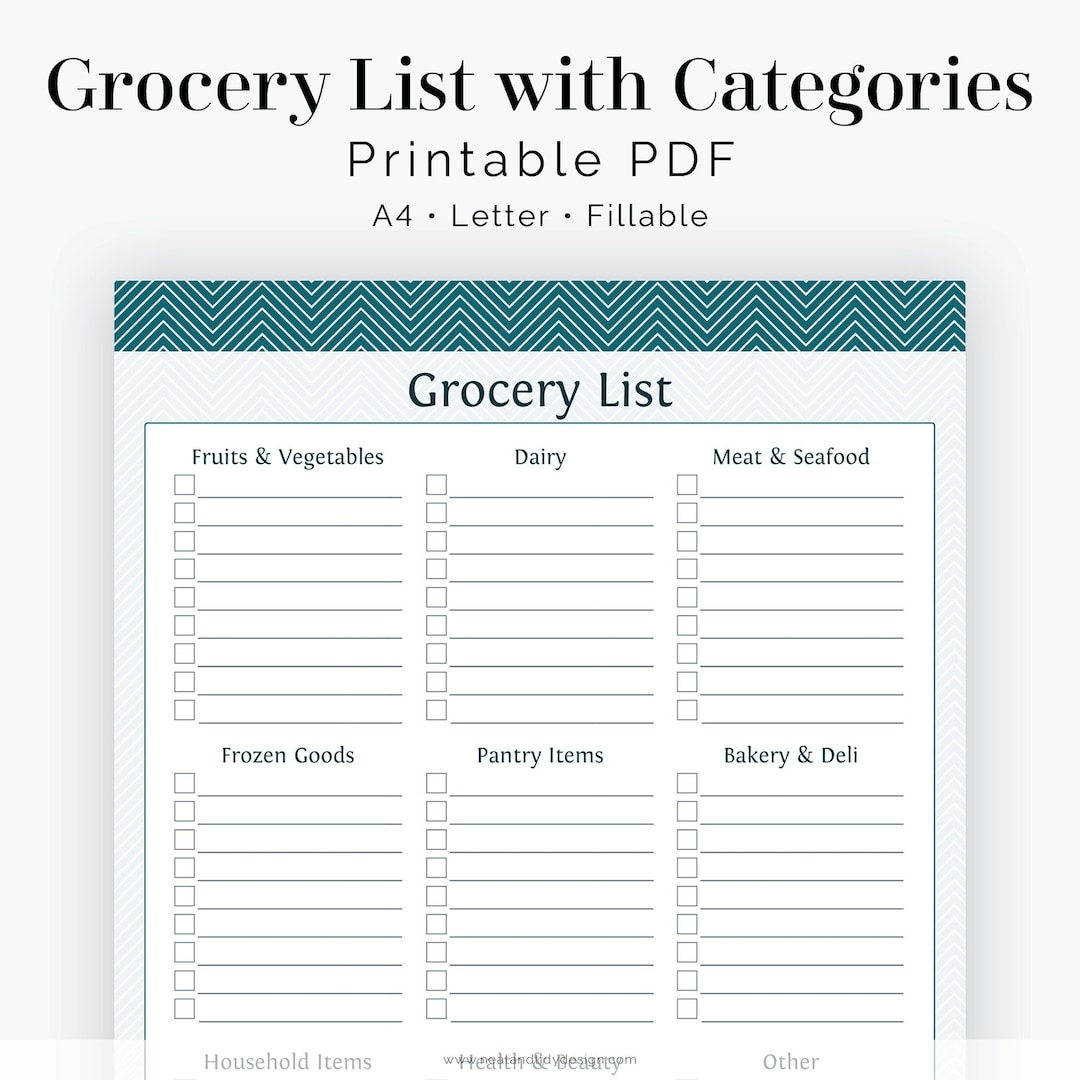 Grocery Shopping List With Categories Chevron Fillable Printable PDF Instant Download Etsy