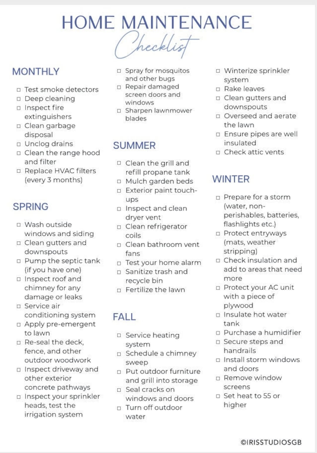 Home Maintenance Checklist Home Repair Schedule House Maintenance Planner Yearly Home Maintenance Spring Cleaning Instant Download Etsy