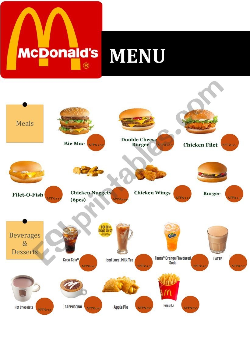 How to order McDonald s Menu ESL Worksheet By Emikaaa