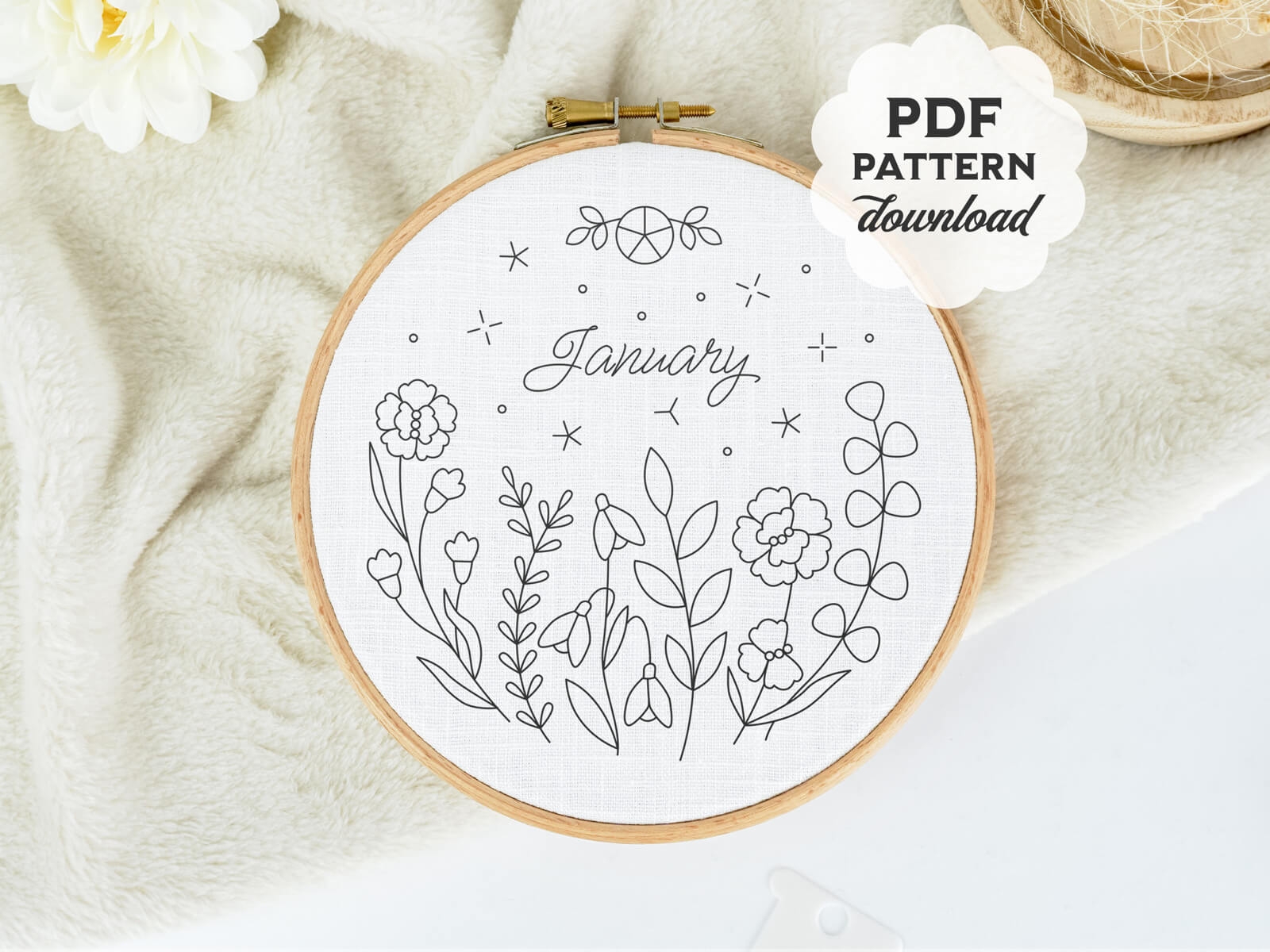 January Birth Month Flowers Outline Hand Embroidery Pattern Januelle