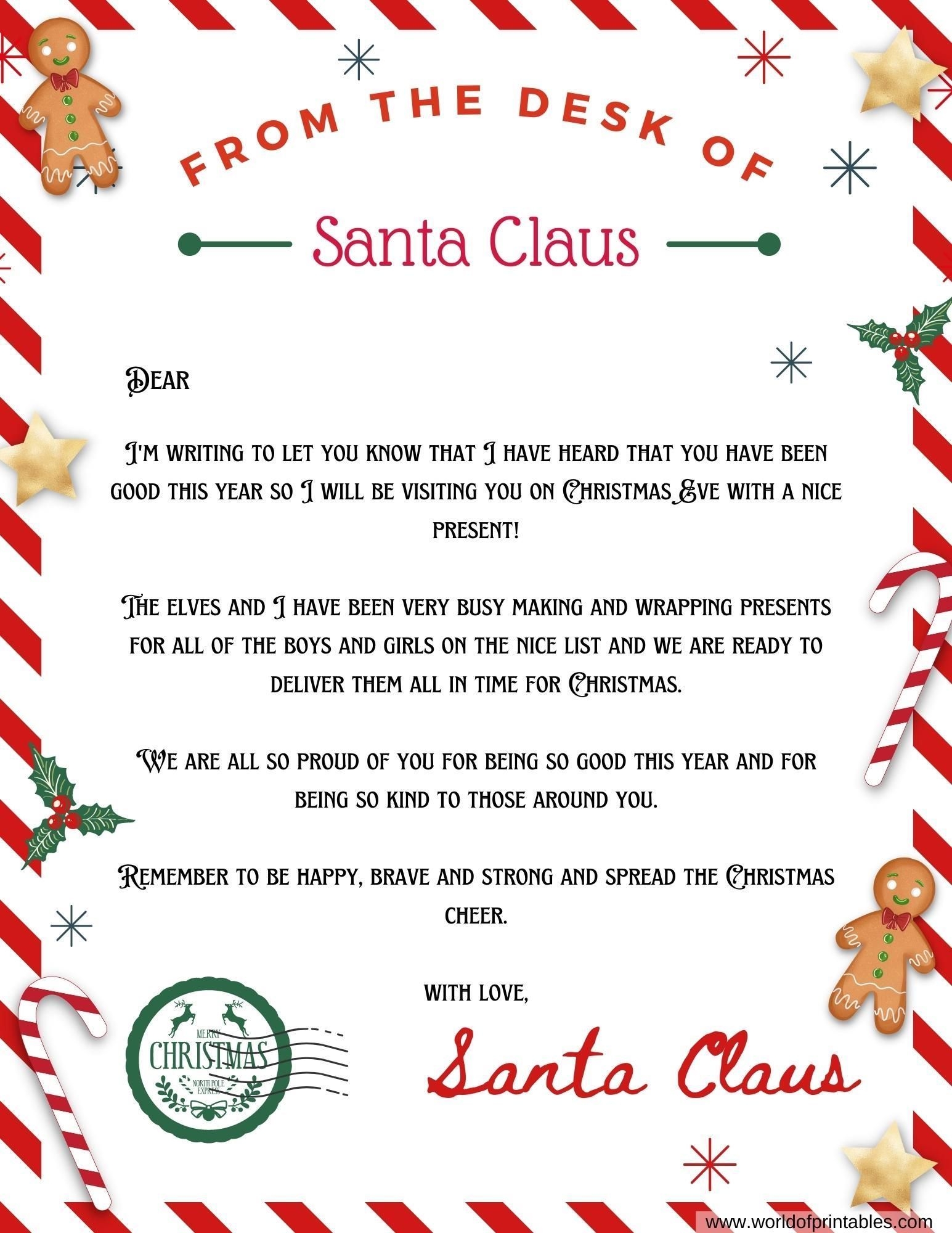 Letter From Santa Template Free Printable Worksheets Library