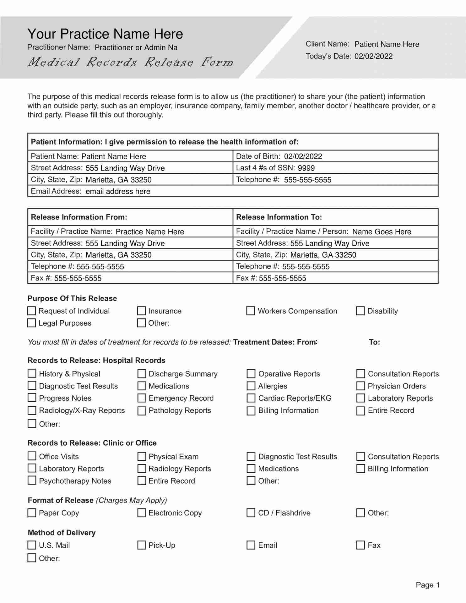 free printable medical records release form