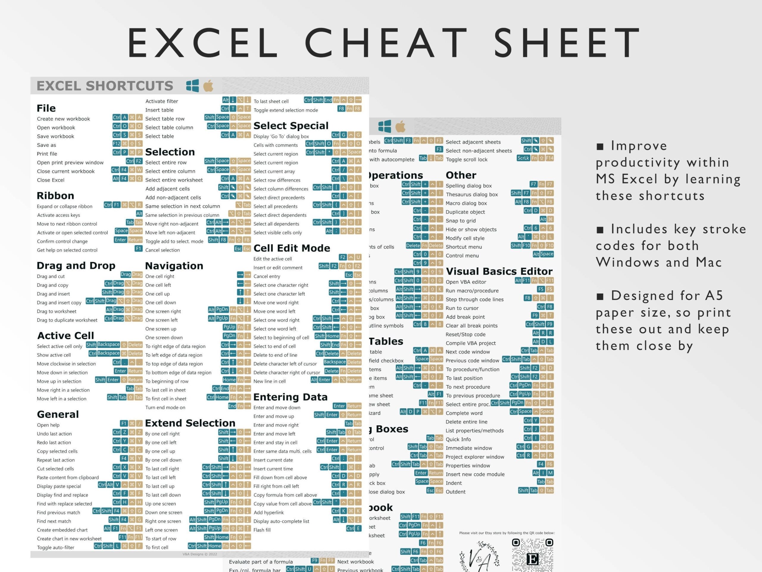 Microsoft Excel Shortcuts Printable Excel Cheat Sheet Workbook Productivity Excel Key Strokes Windows Mac Excel Ninja Gold Etsy New Zealand