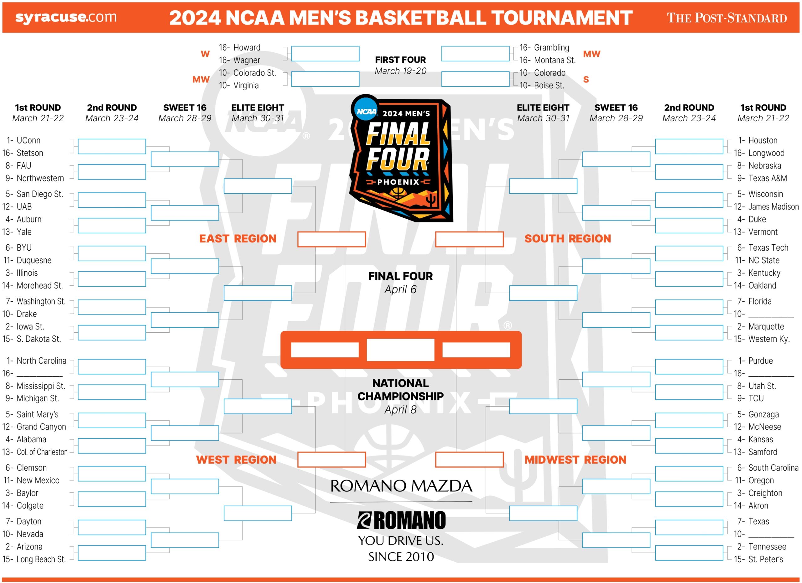 NCAA Bracket 2024 Tournament Field Set Print Your Men s Basketball Bracket Syracuse