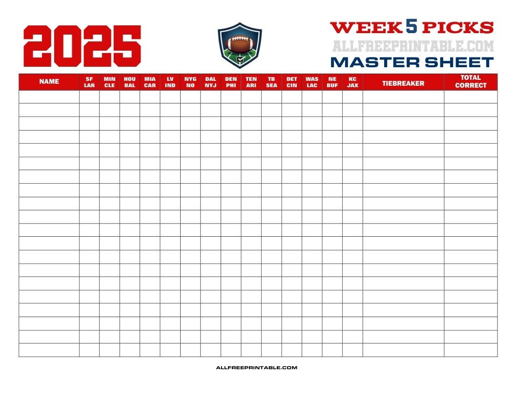 NFL Week 5 Pick em Master Sheet 2025 Free Printable