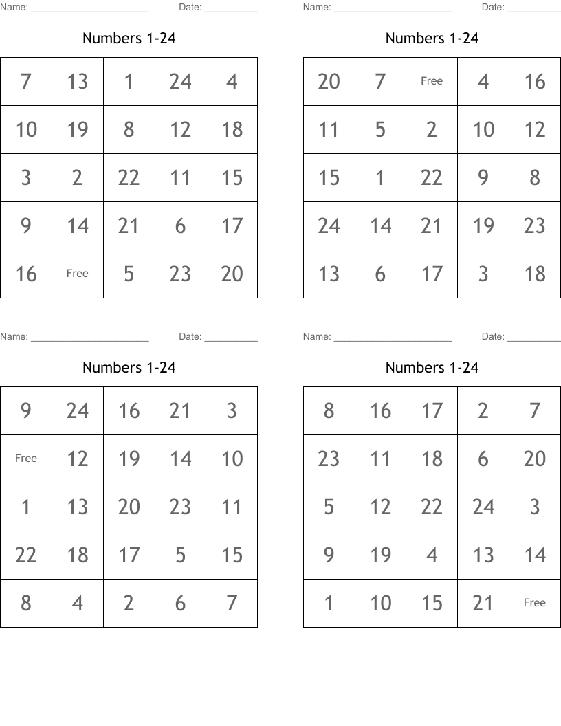 Numbers 1 24 Bingo Cards WordMint