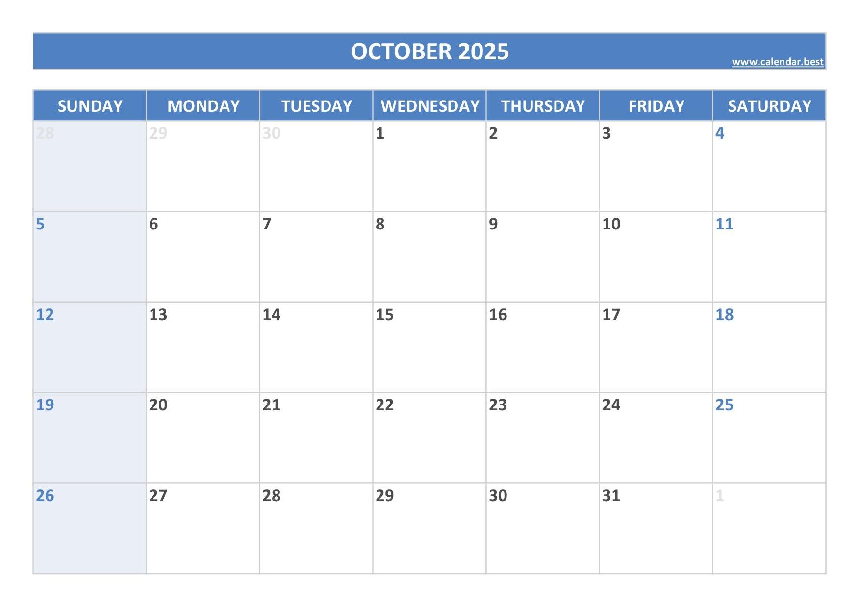 october calender printable