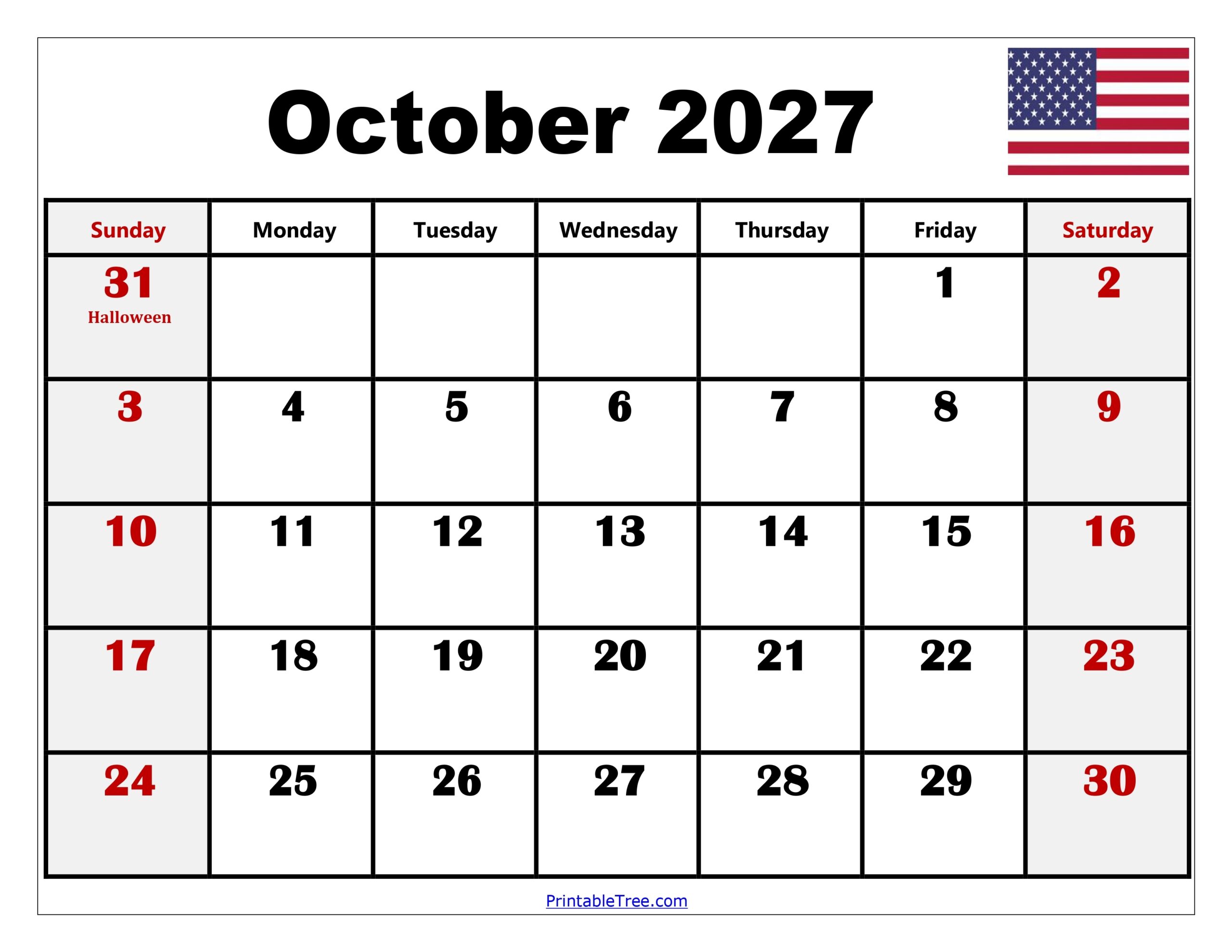 October 2027 Calendar Printable PDF Free Templates With Holidays