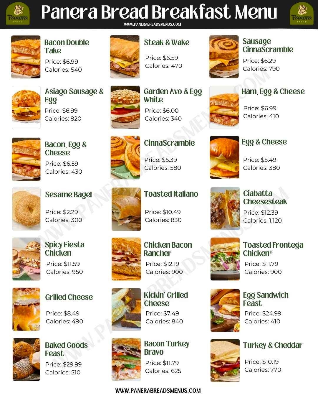 panera menu printable