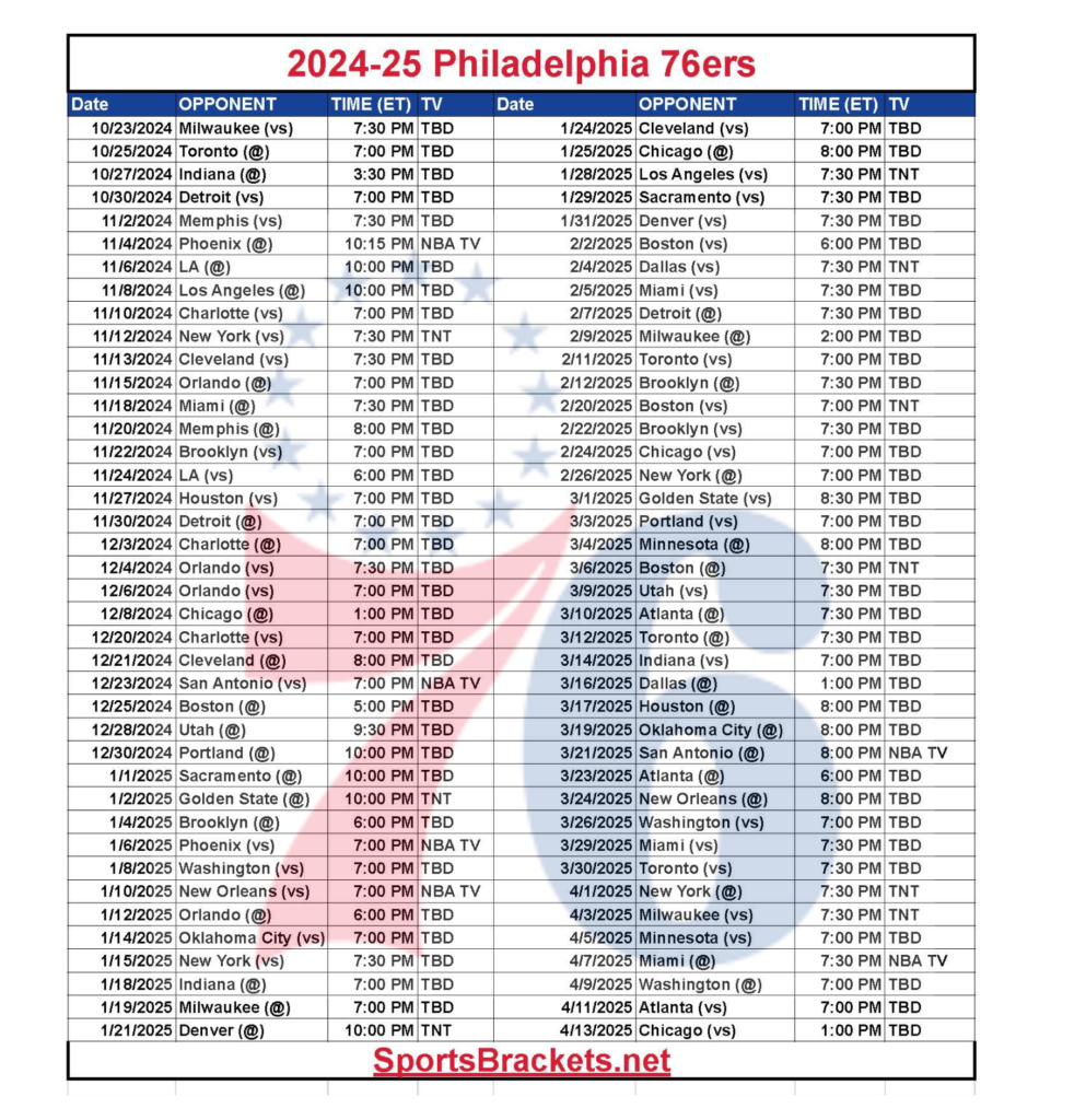 Printable 2025 26 Philadelphia 76ers Schedule TV Broadcasts And Matchups Sports Brackets