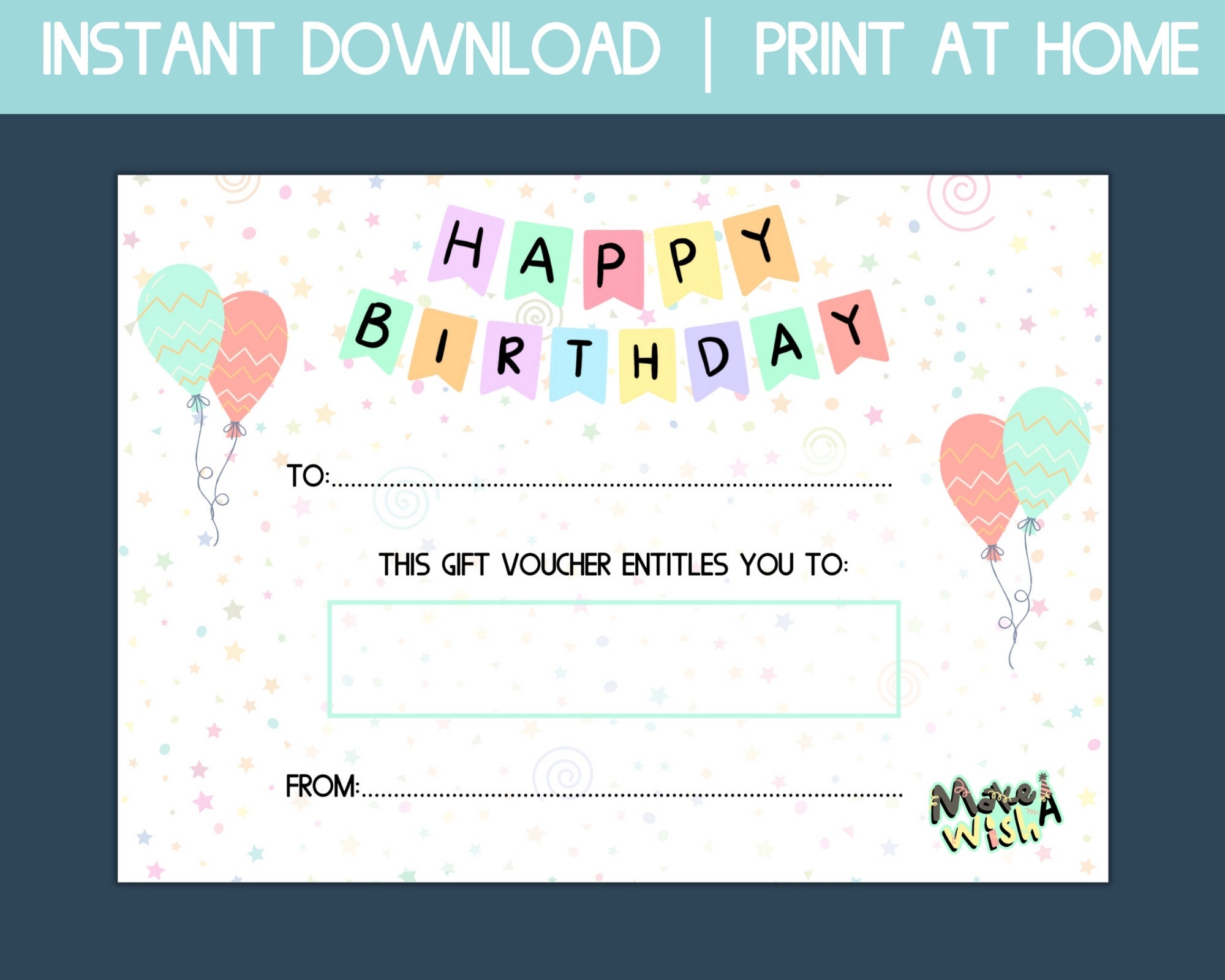 Printable Birthday Gift Certificate Instant Download Gift Card 