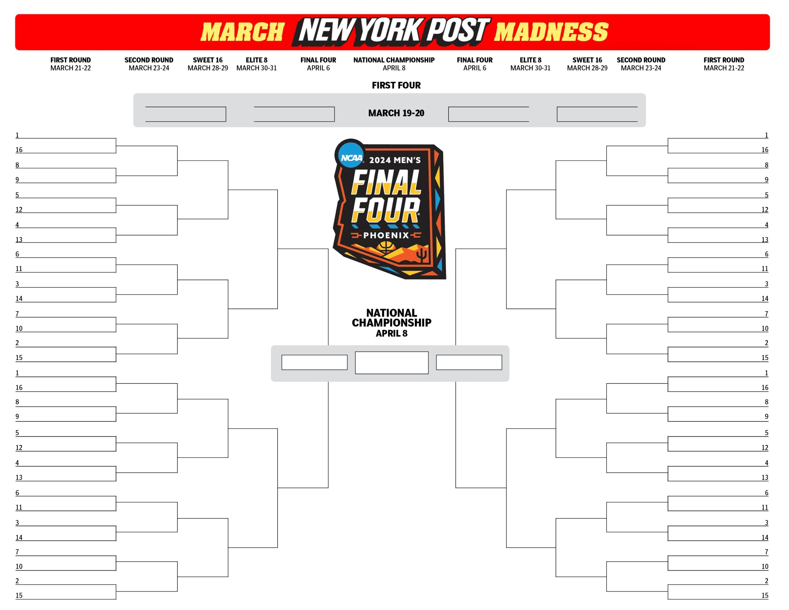 Printable Blank NCAA Bracket Template For March Madness 2024
