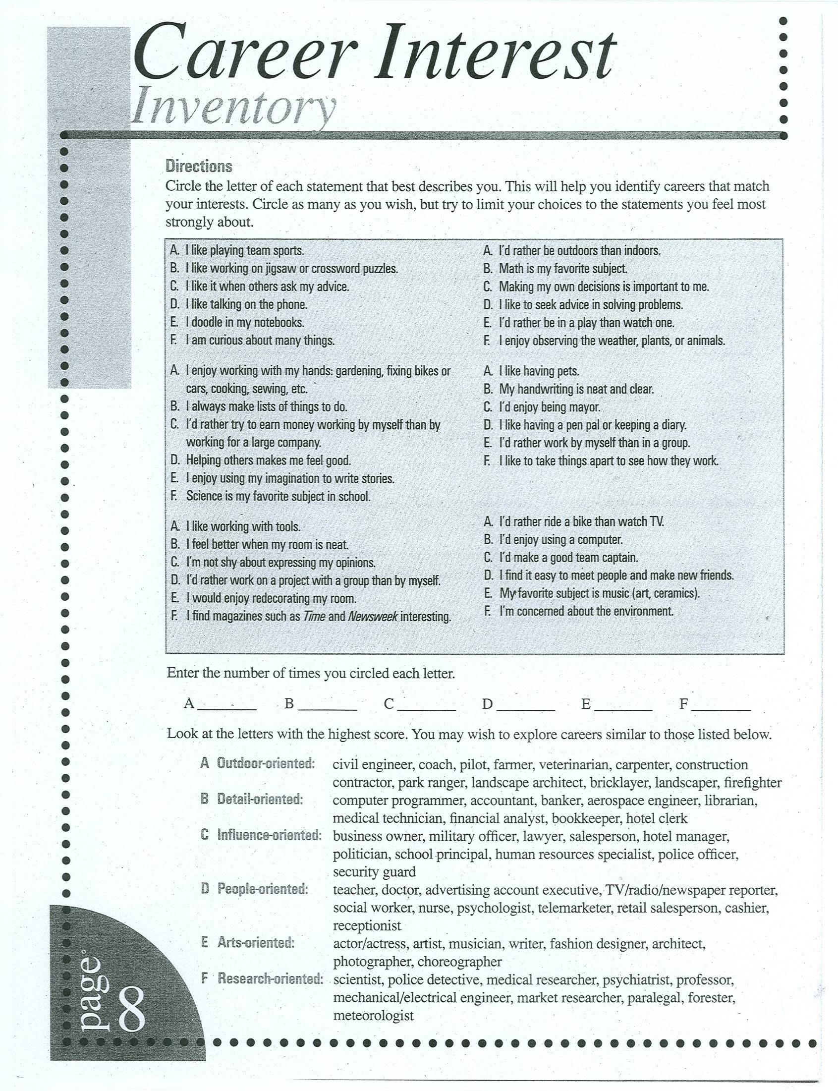 Printable Career Interest Survey Printable