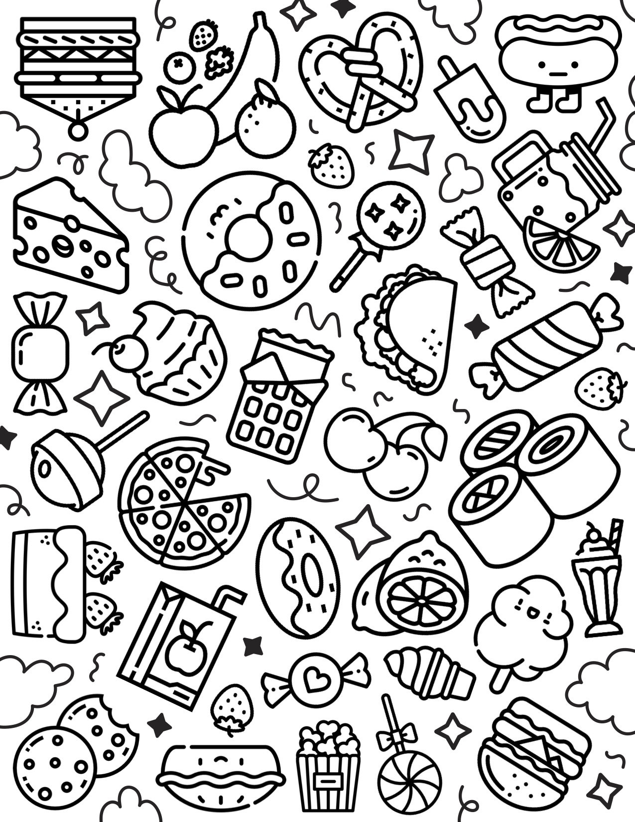 Printable Kawaii Junk Food Kids Coloring Page