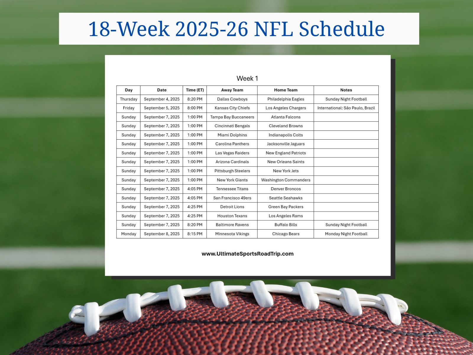 Printable NFL Schedule 2025 26 PDF Ultimate Sports Road Trip