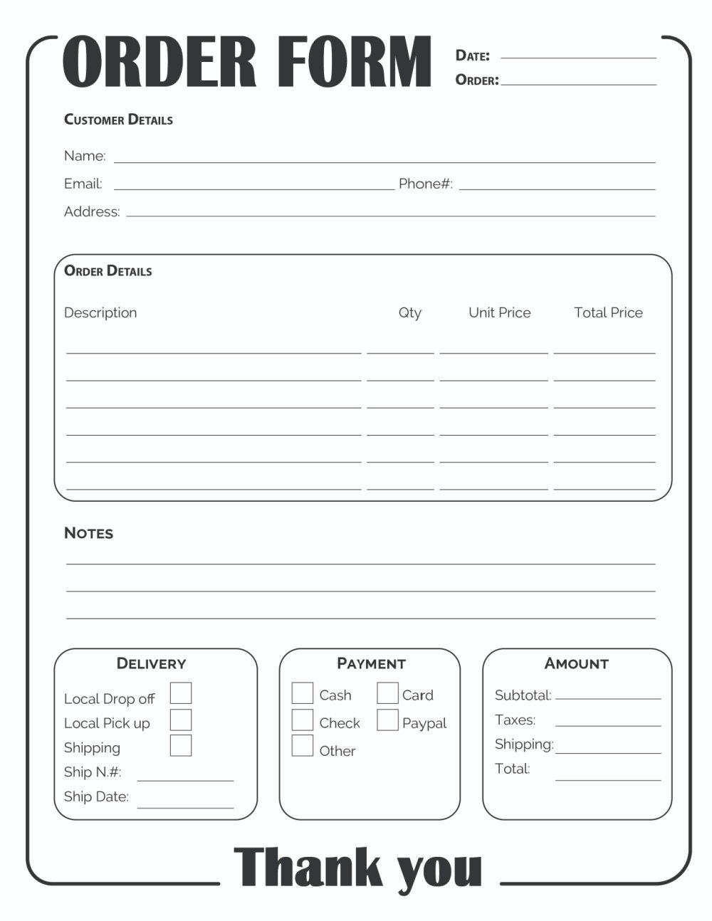 Printable Order Form Template 2 Options