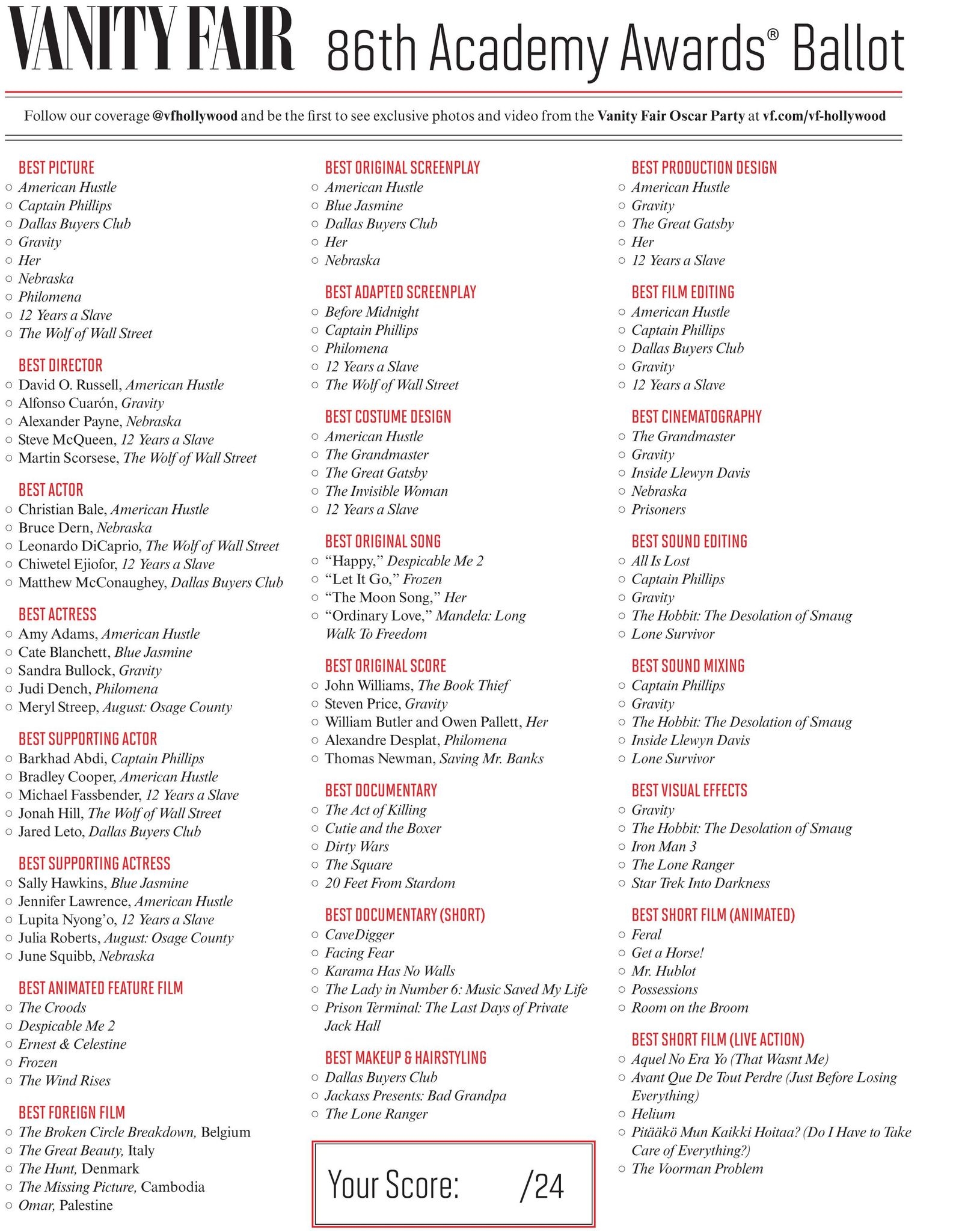 Printable Oscar Ballot For The 2014 Academy Awards Vanity Fair