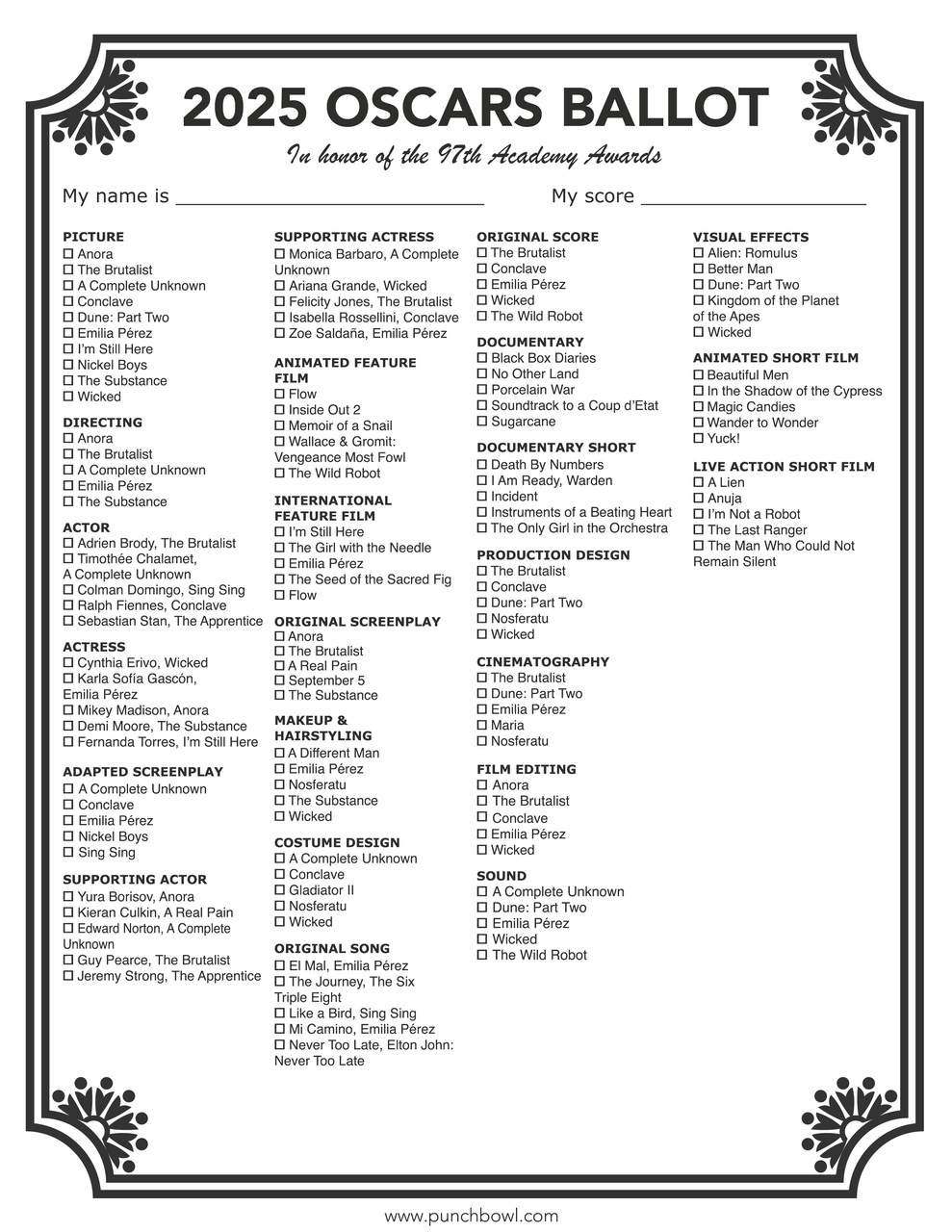 Printable Oscars Ballot Party Ideas Punchbowl
