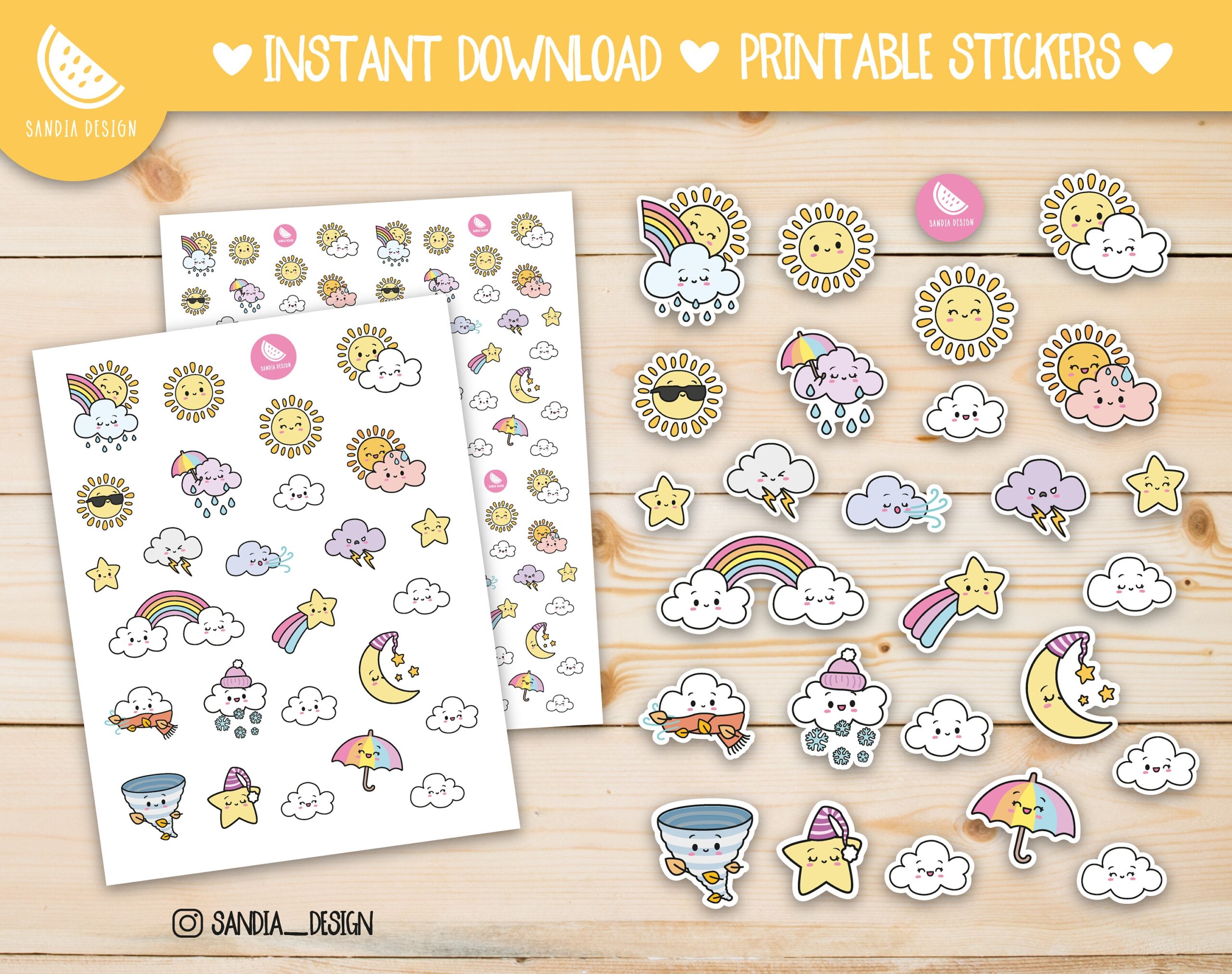 Printable Stickers Sheet Printable Planner Stickers Doodle Kawaii Weather For Personal Use Etsy
