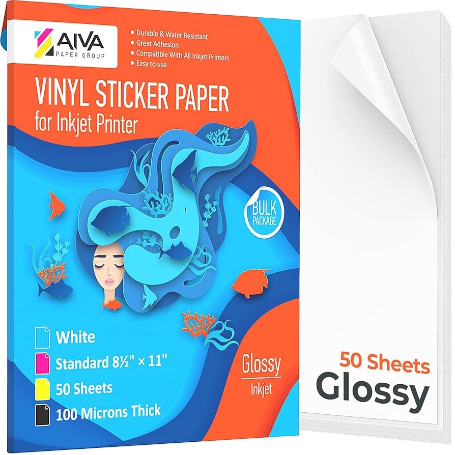 Printable Vinyl Sticker Paper Waterproof Decal Paper For Inkjet Printer 50 Self Adhesive Sheets Glossy White Standard Letter Size 8 5