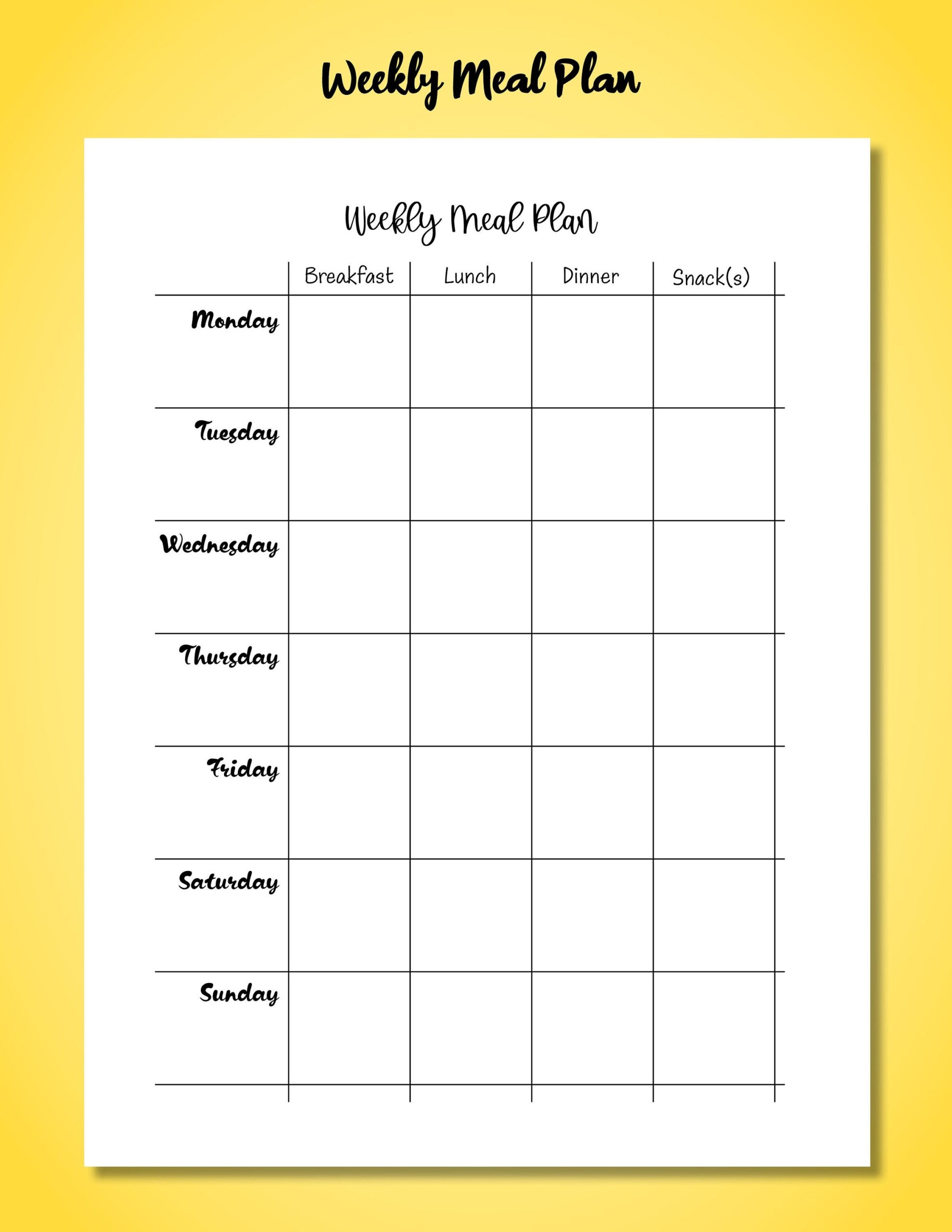 Printable Weekly Meal Plan Schedule Breakfast Lunch Dinner And Snacks Seven Days A Week