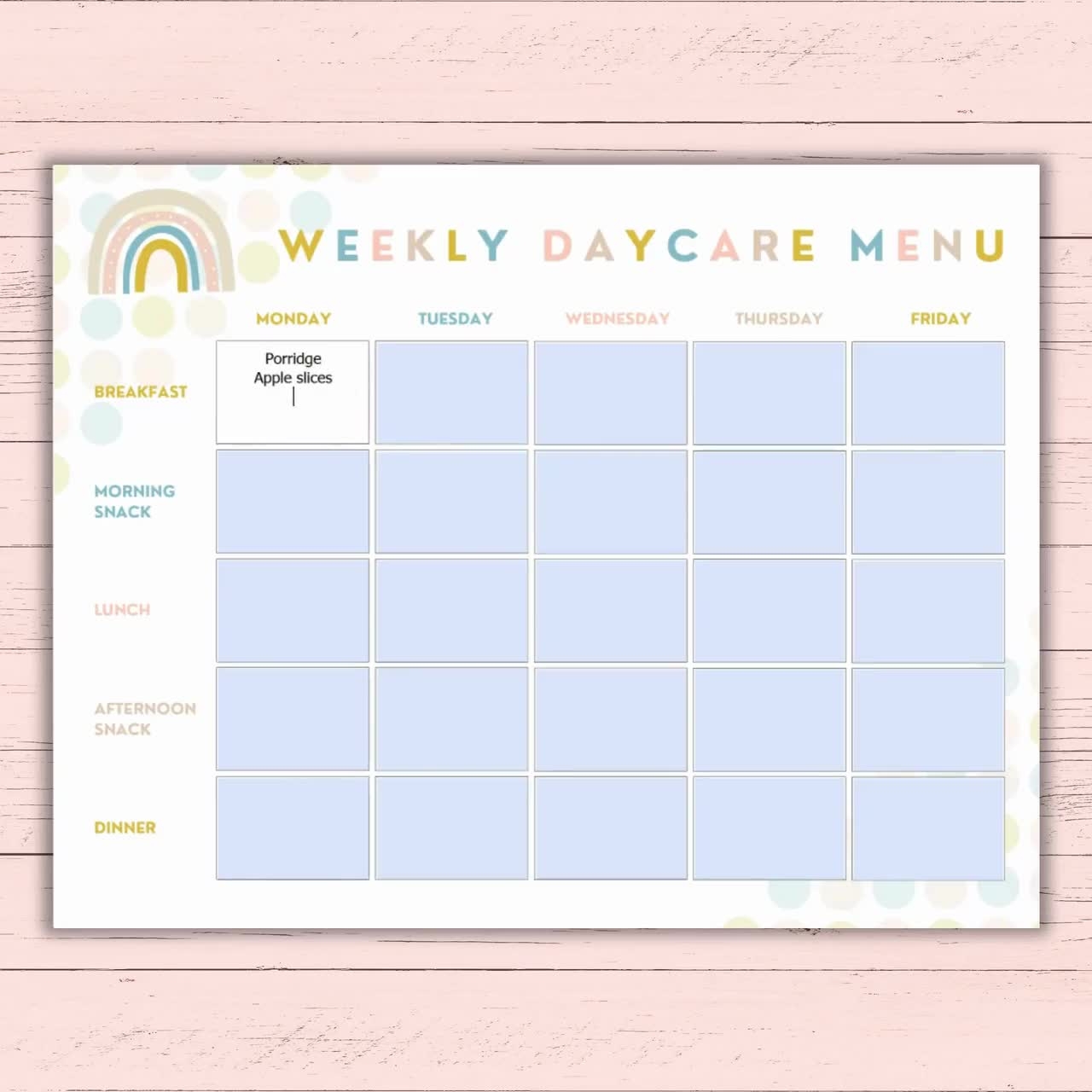 Printable Weekly U0026 Monthly Daycare Menu Blank Fillable PDF Editable Instant Download For Daycare Meal Planning Colorful Menu Template