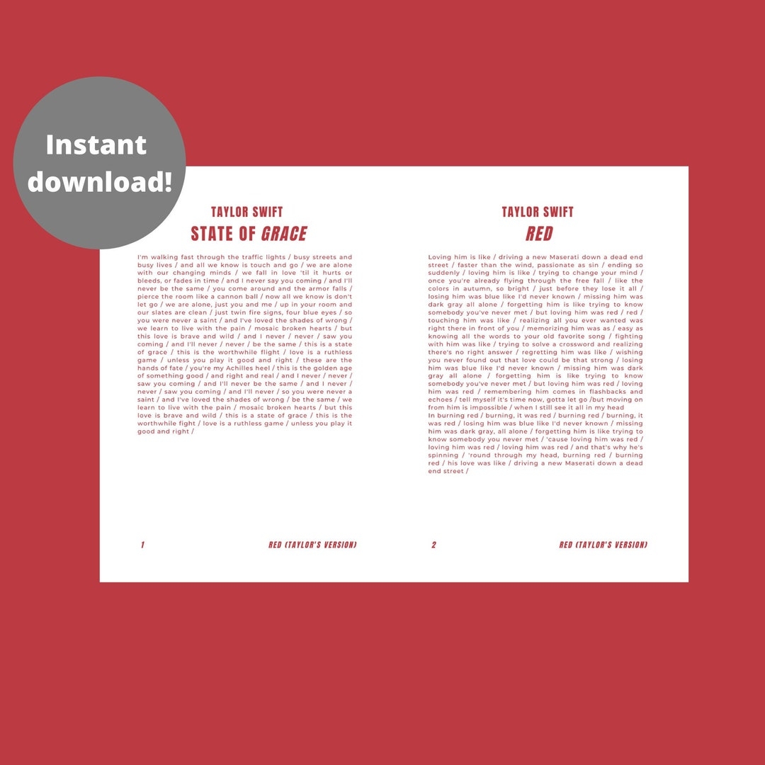 Red taylor s Version Lyrics Book Printable Taylor Swift Poster Scrapbook Book Pages Taylor Swift Lyrics Instant Download Etsy
