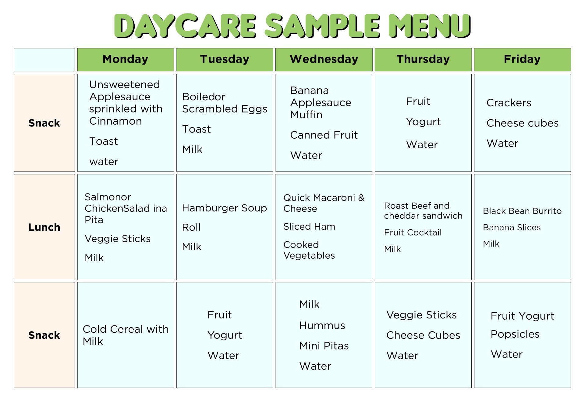 free printable daycare menus