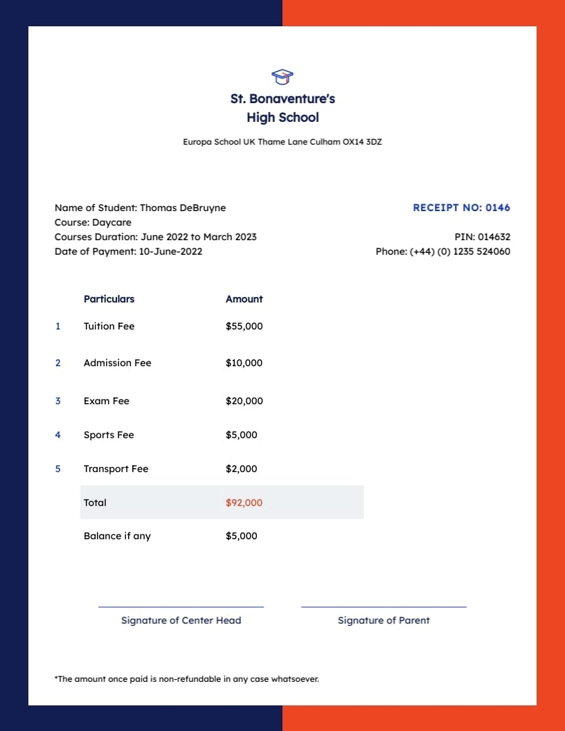 School Tuition Receipt Template Visme