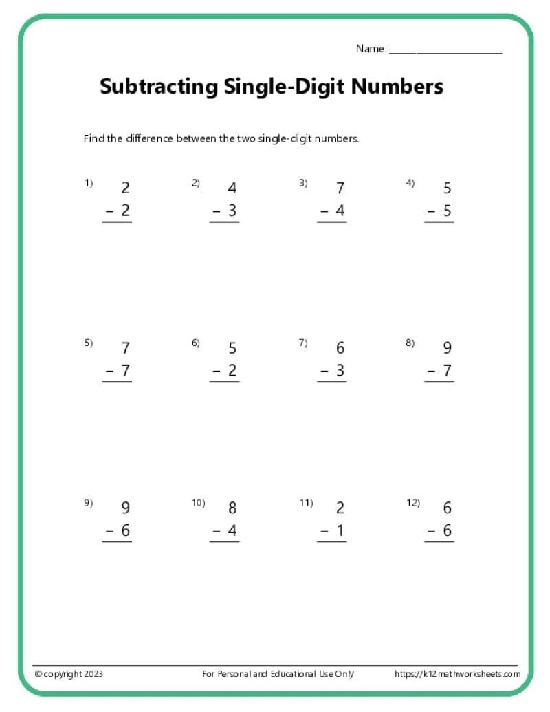 subtraction worksheets printable