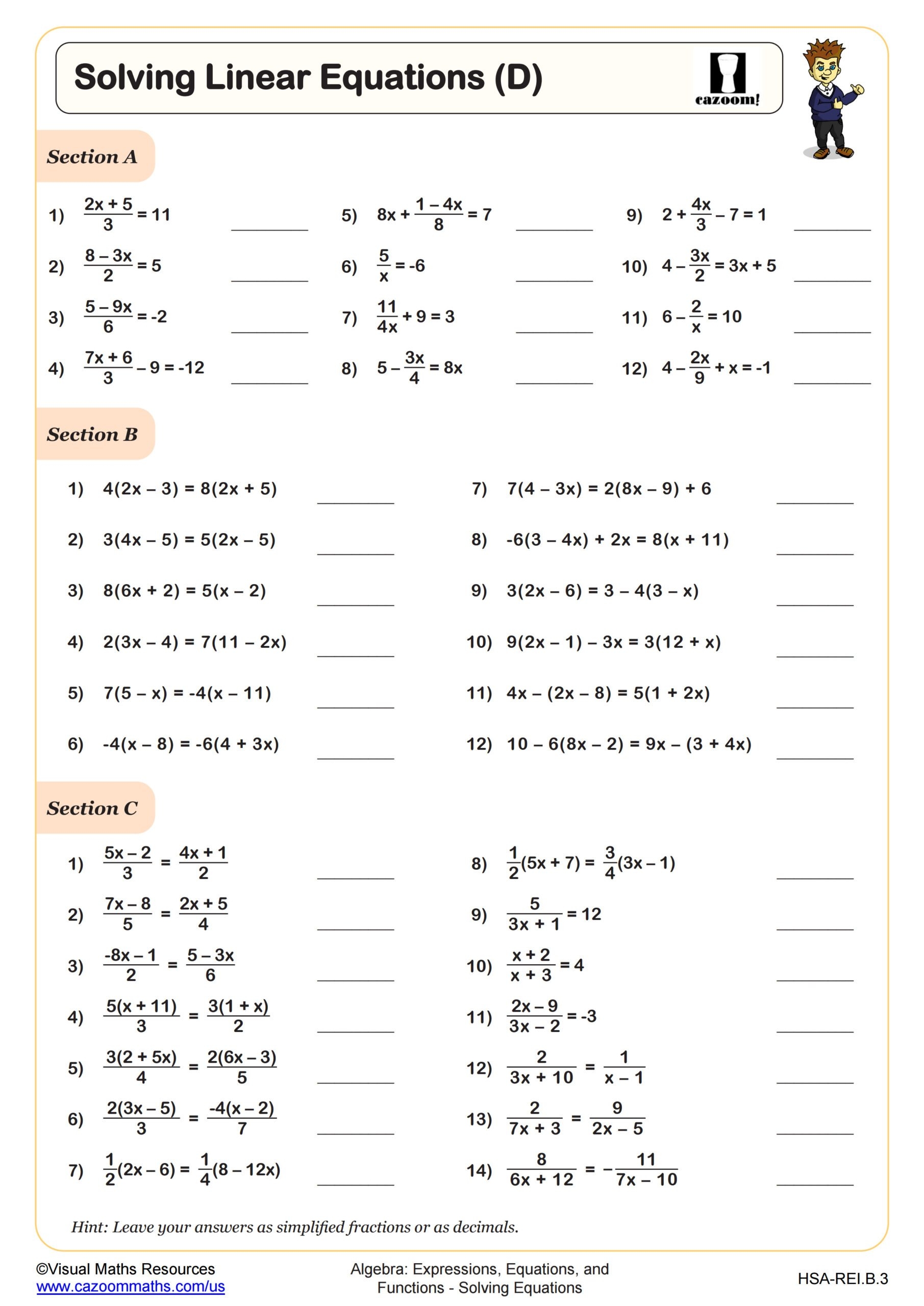 Solving Linear Equations D Worksheet PDF Printable Algebra Worksheet