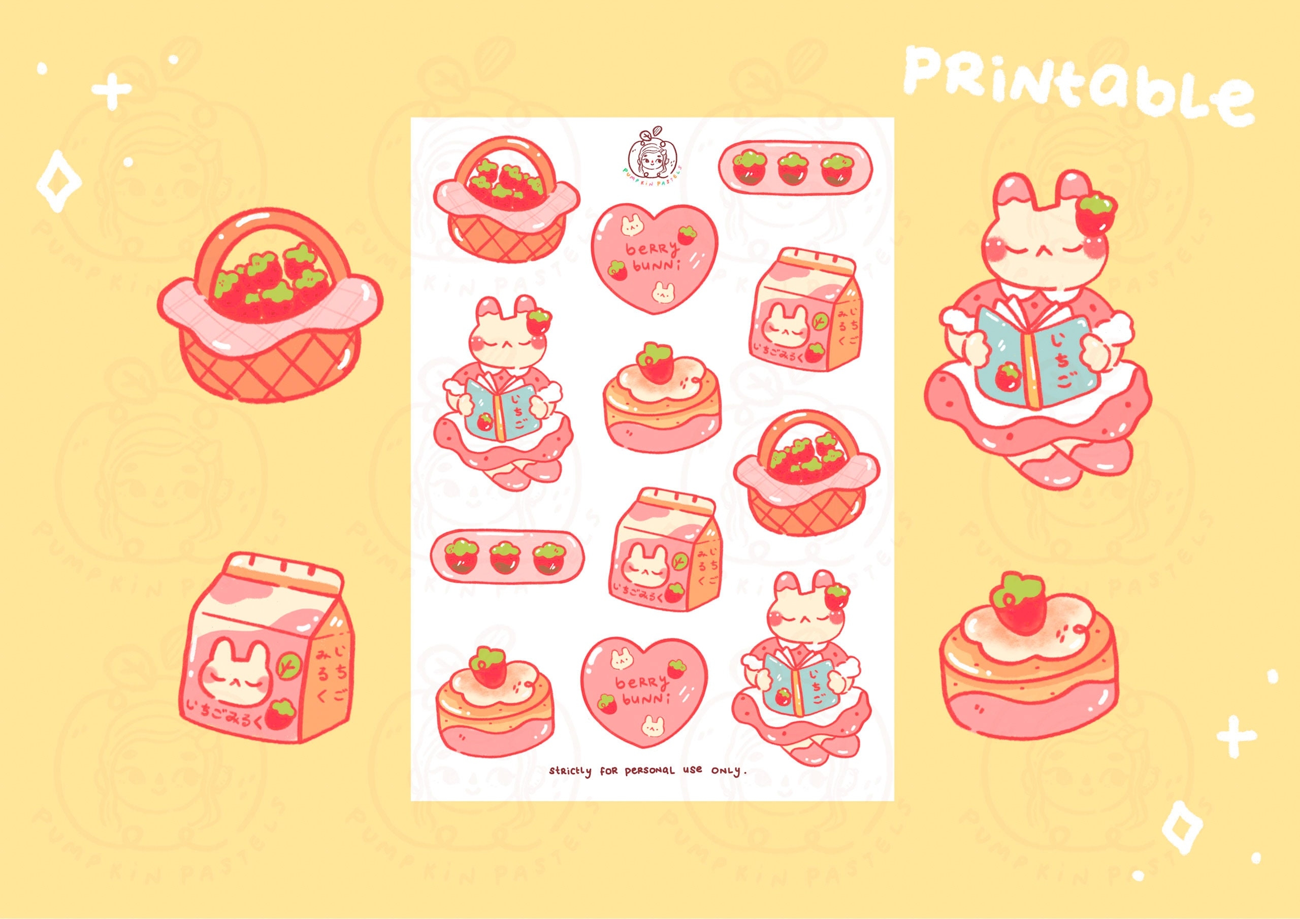 Strawberry Bunny part Two Sticker Sheet Printable DIGITAL File Printable Stickers Cute Planner Stickers Journal Kawaii Stickers Etsy UK