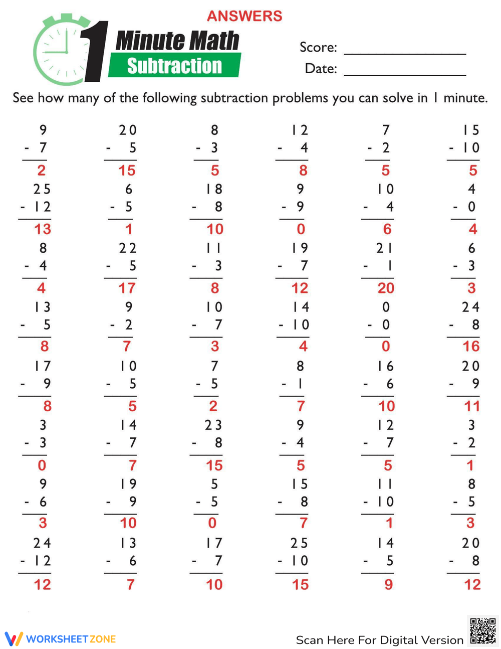Subtraction Mad Minute Math Fun Worksheet