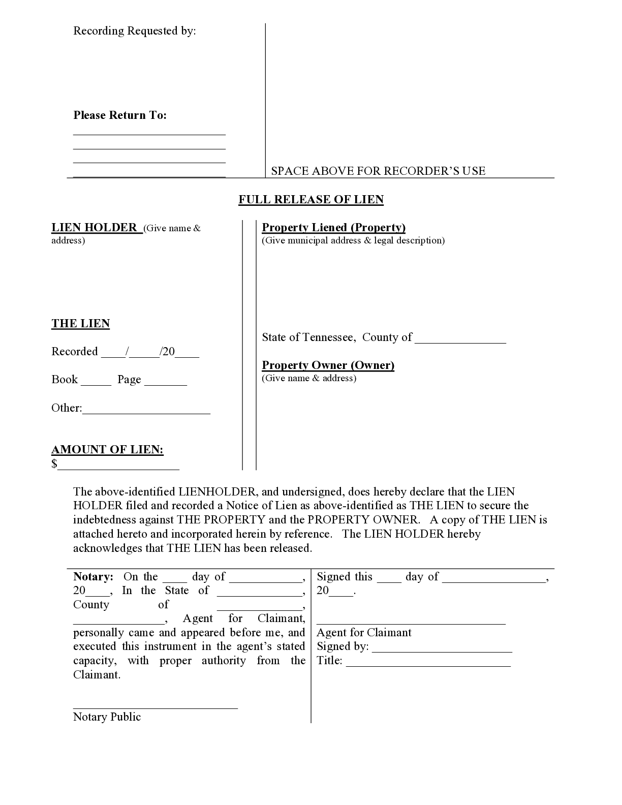 Tennessee Mechanics Lien Release Form Free Template