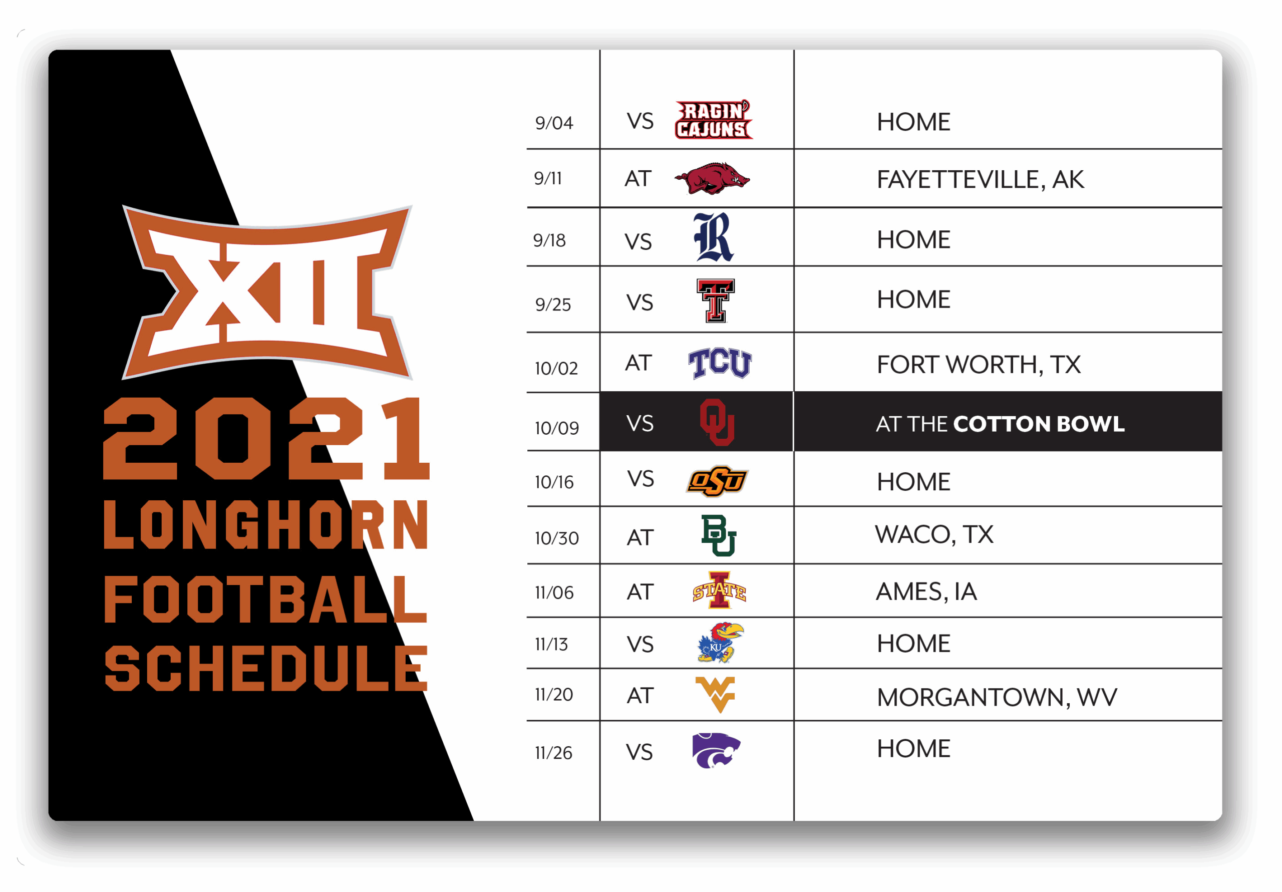 Texas Longhorns Hot Sale Football Schedule