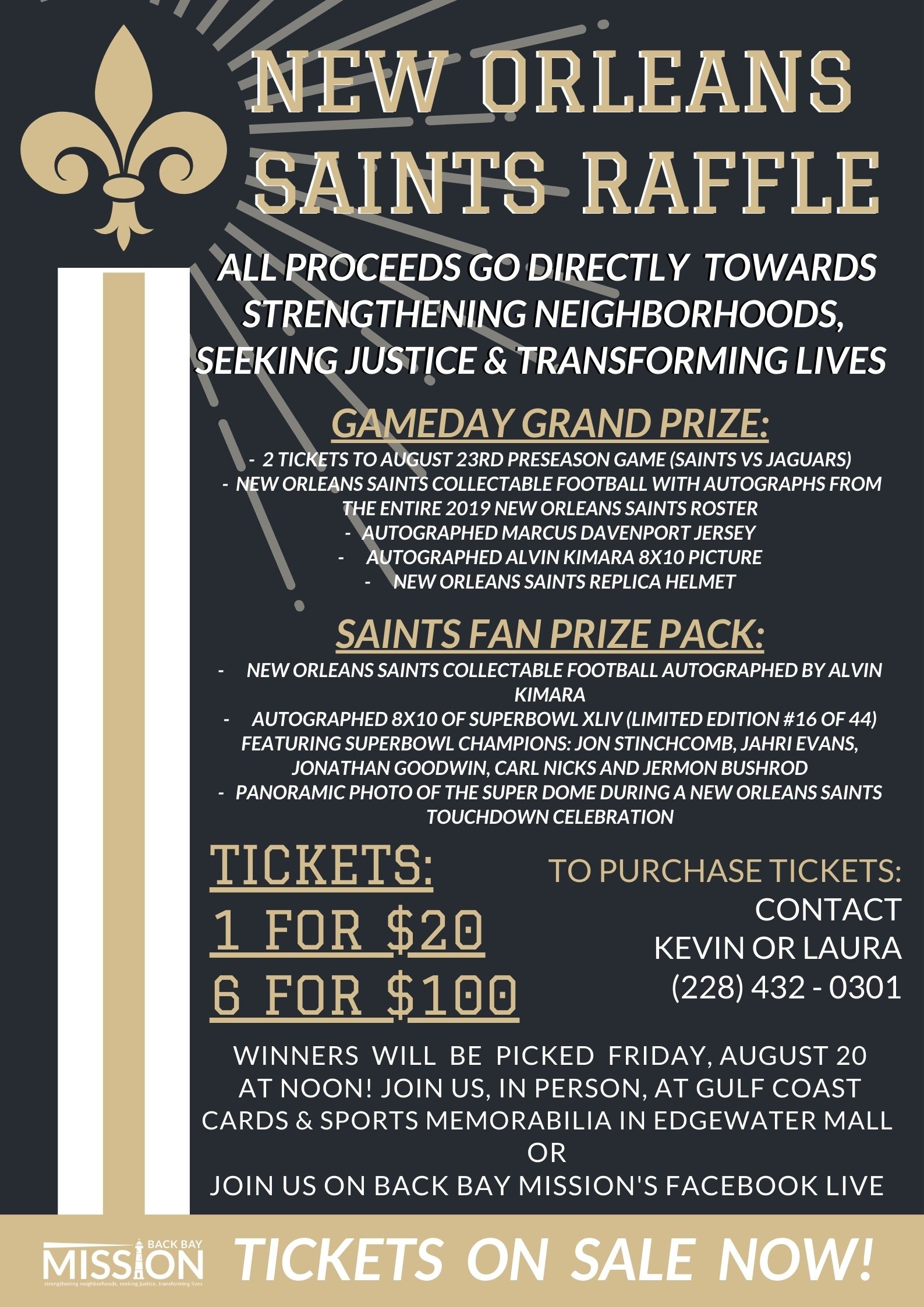 Tickets Are ON SALE NOW For Our New Orleans Saints Raffle Back Bay Mission