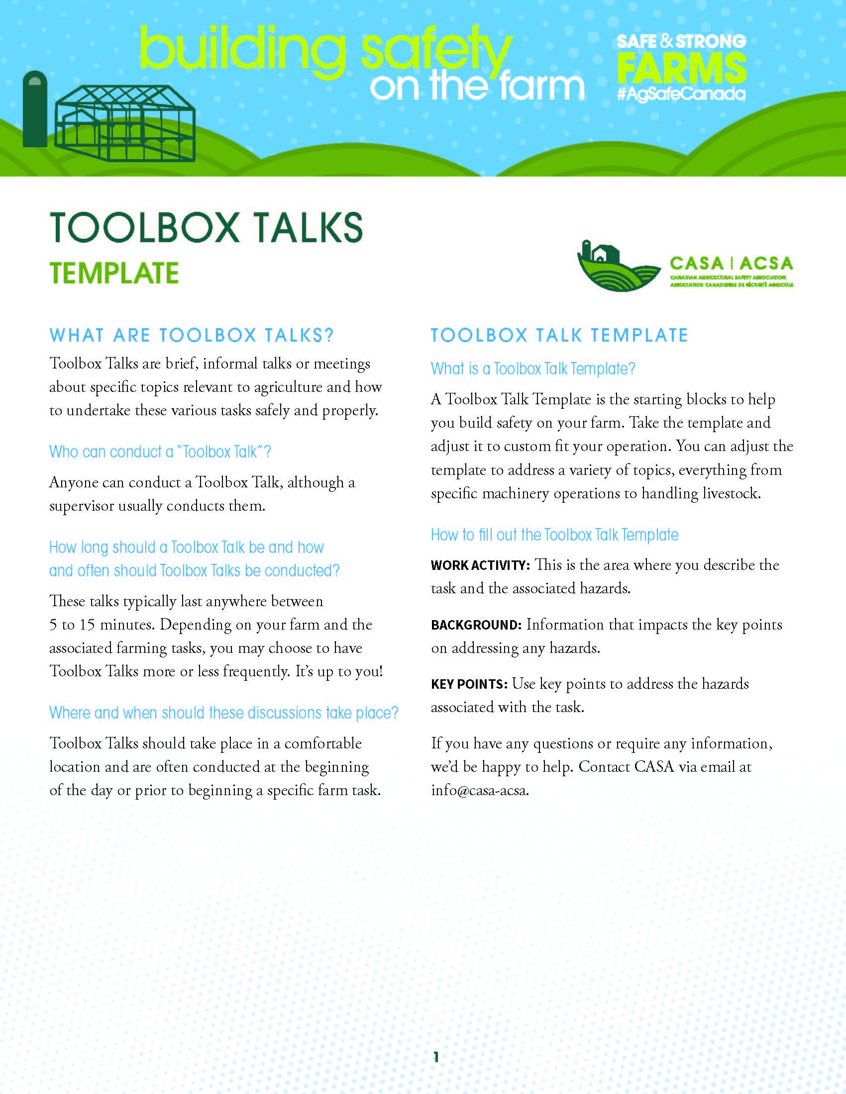 Toolbox Talks Template Canadian Agricultural Safety Association