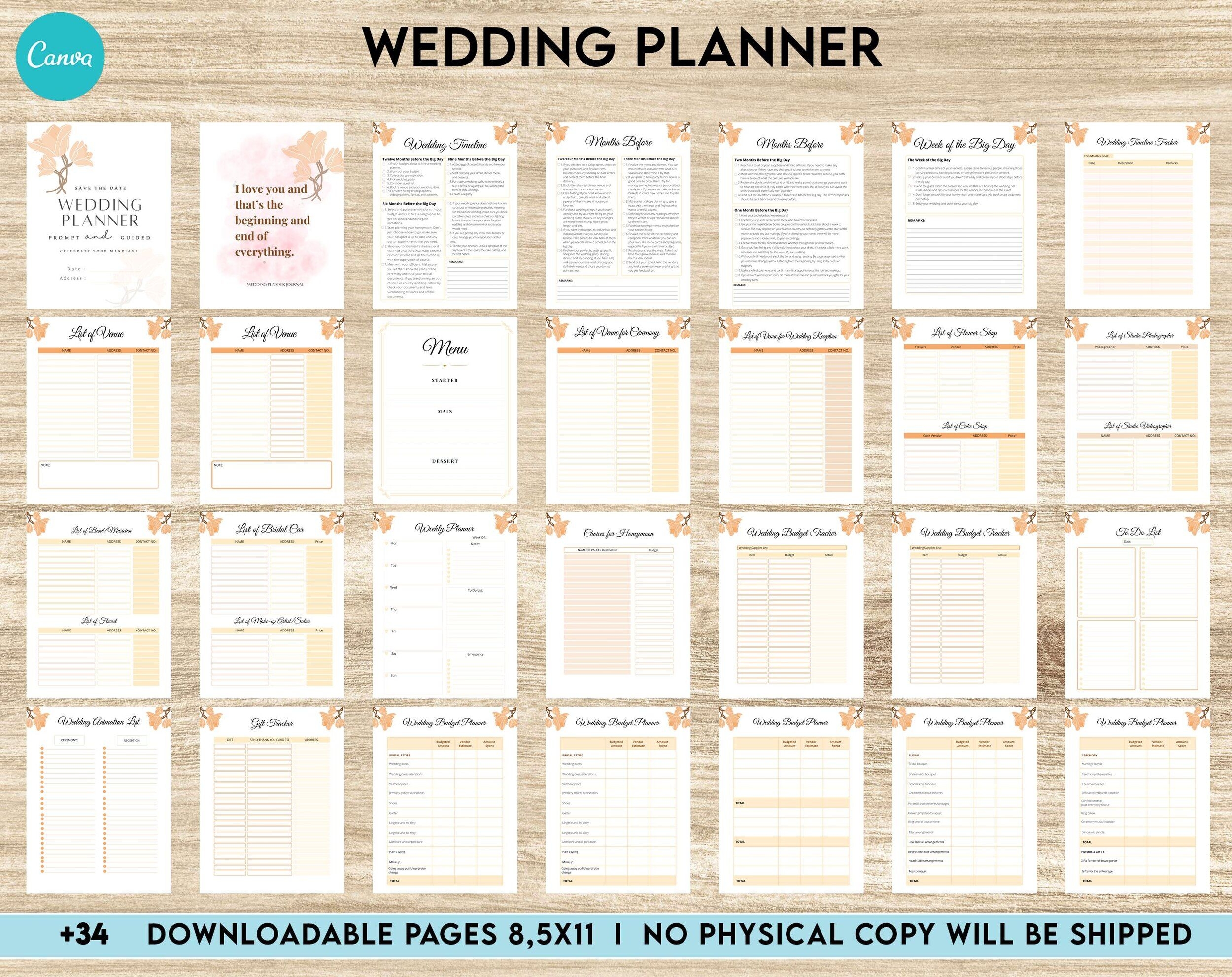 Wedding Planner Printable Wedding Pages Wedding Plan Bundle Wedding Planning Book Canva Editable Templates Interior