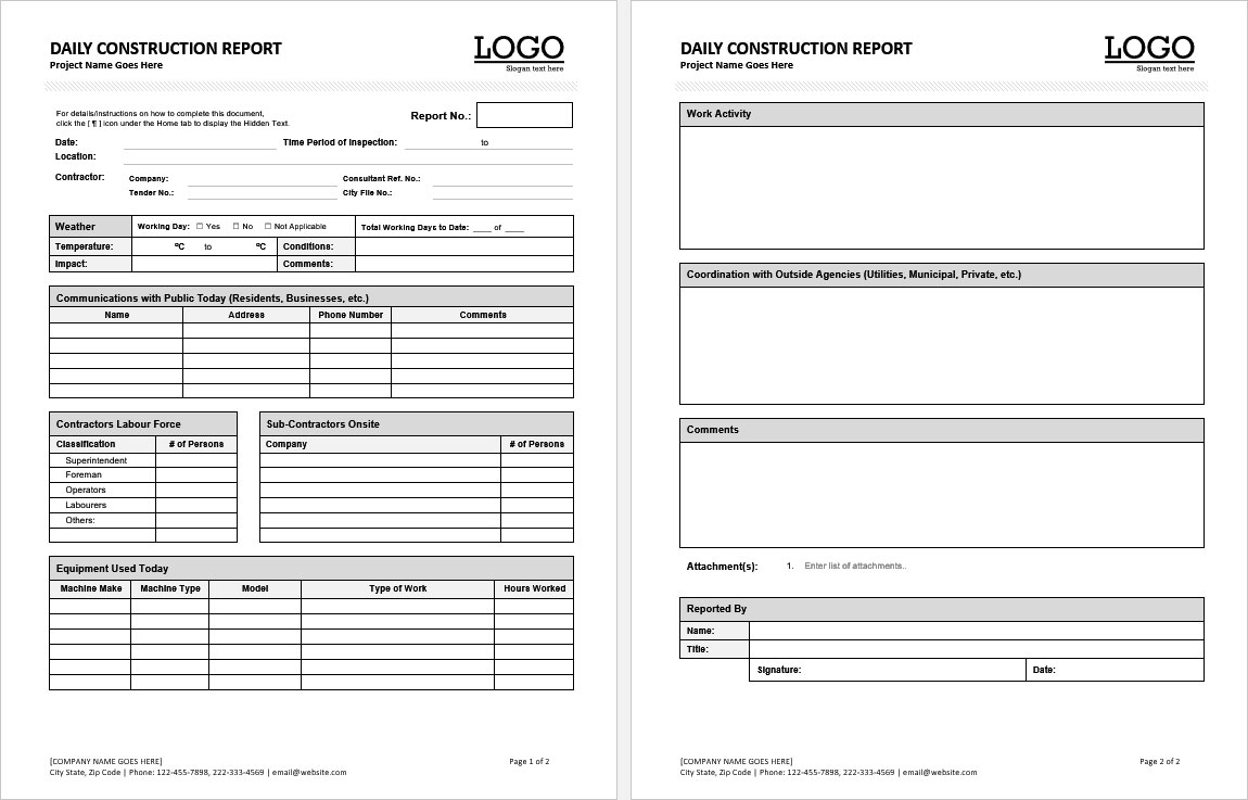 construction project daily report template