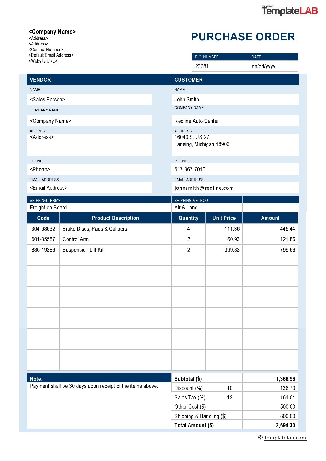 purchase order sample excel