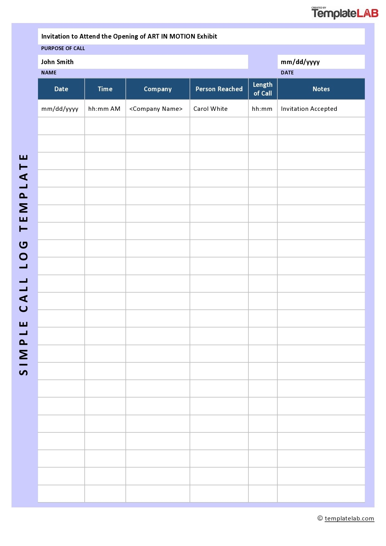 phone log template excel