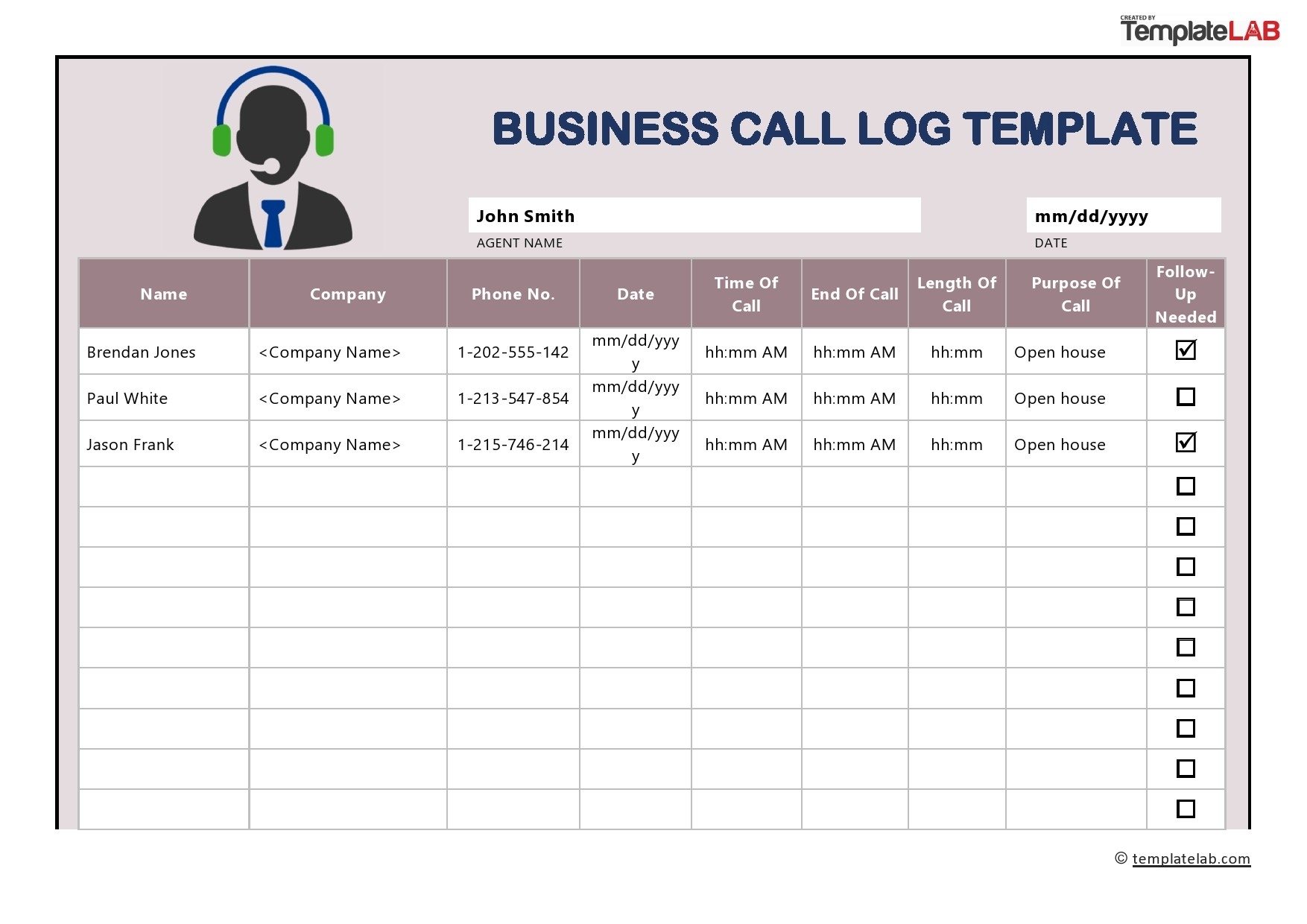 call log template excel