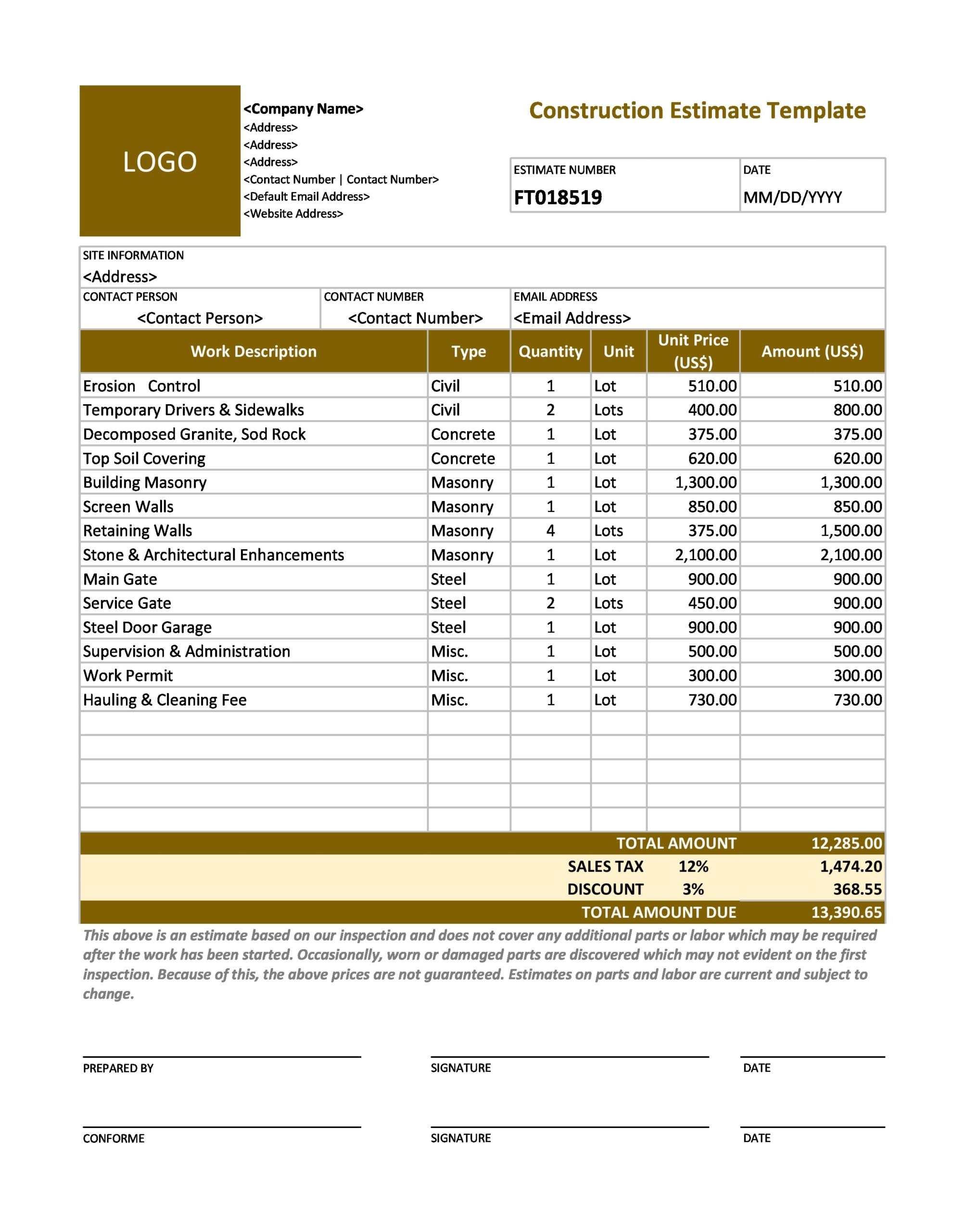 free estimate templates for contractors