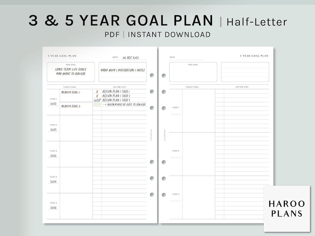 3 And 5 Year Goal Planner Half letter Printable Inserts Life Action Plan Template Yearly Goal Setting Organizer PDF Digital Download Etsy