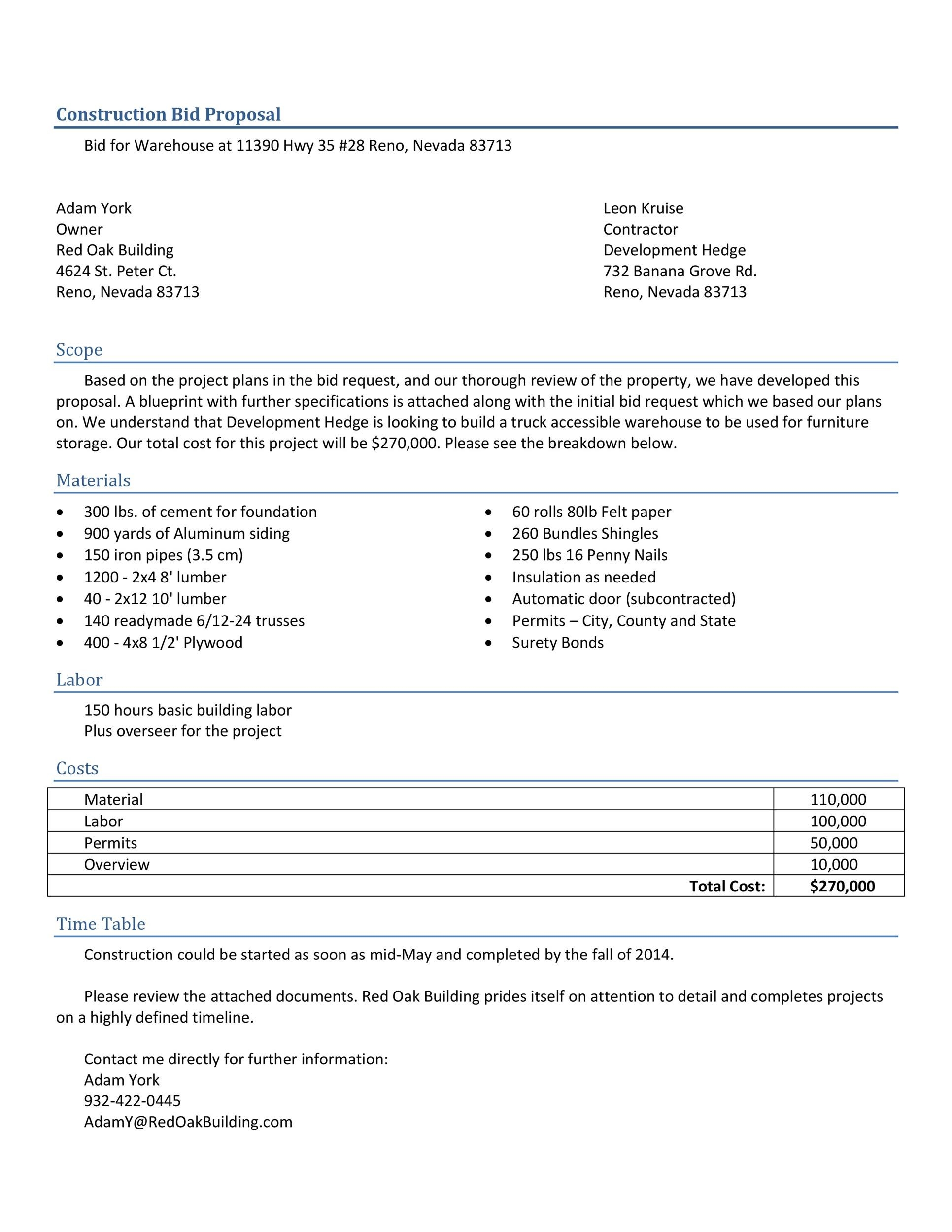 construction bid proposal samples