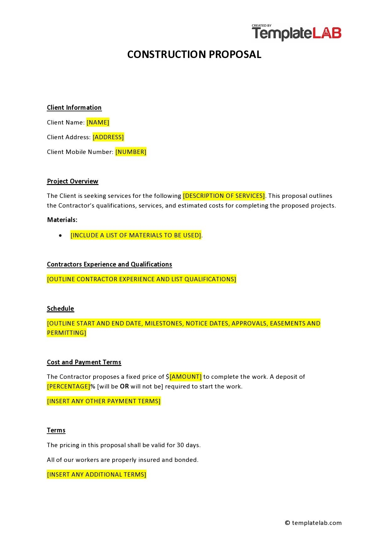 31 Construction Proposal Template Construction Bid Forms