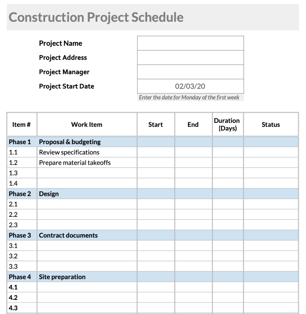 construction project schedule template