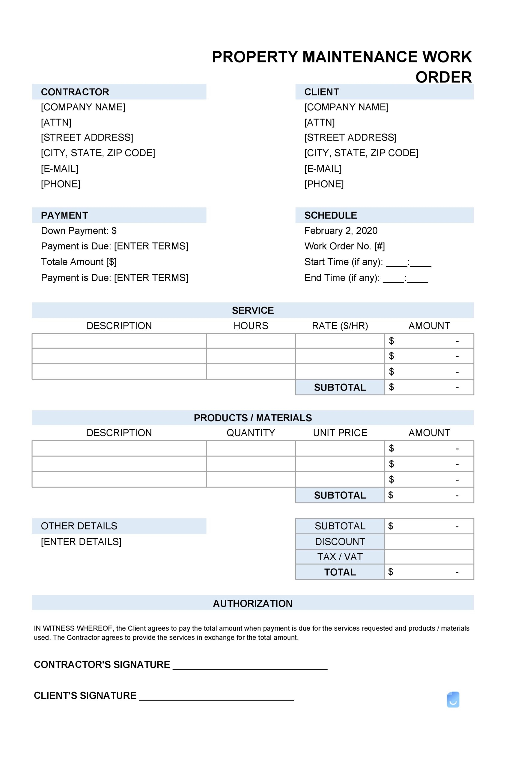 maintenance work order template word