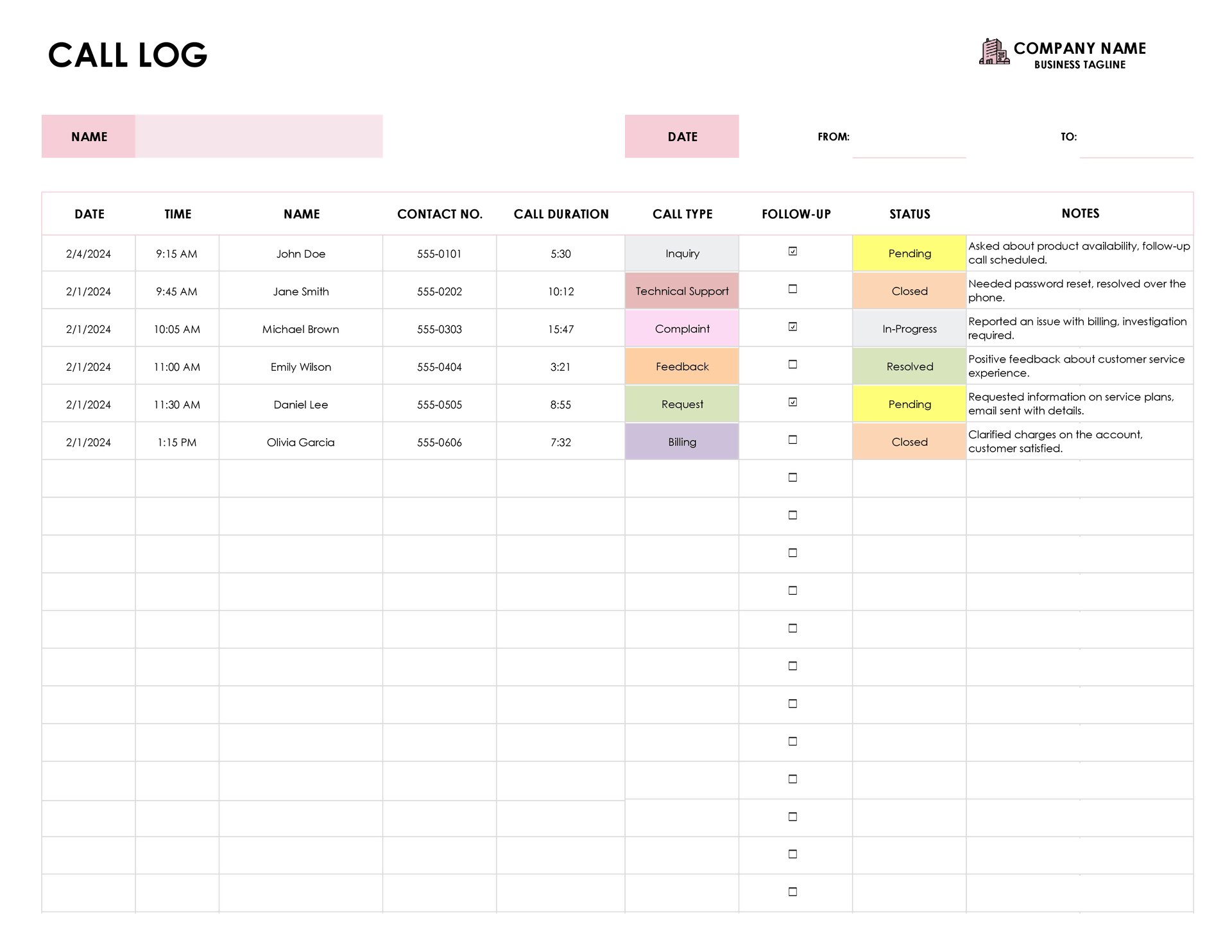 A Simple Call Log Template For Excel WordLayouts